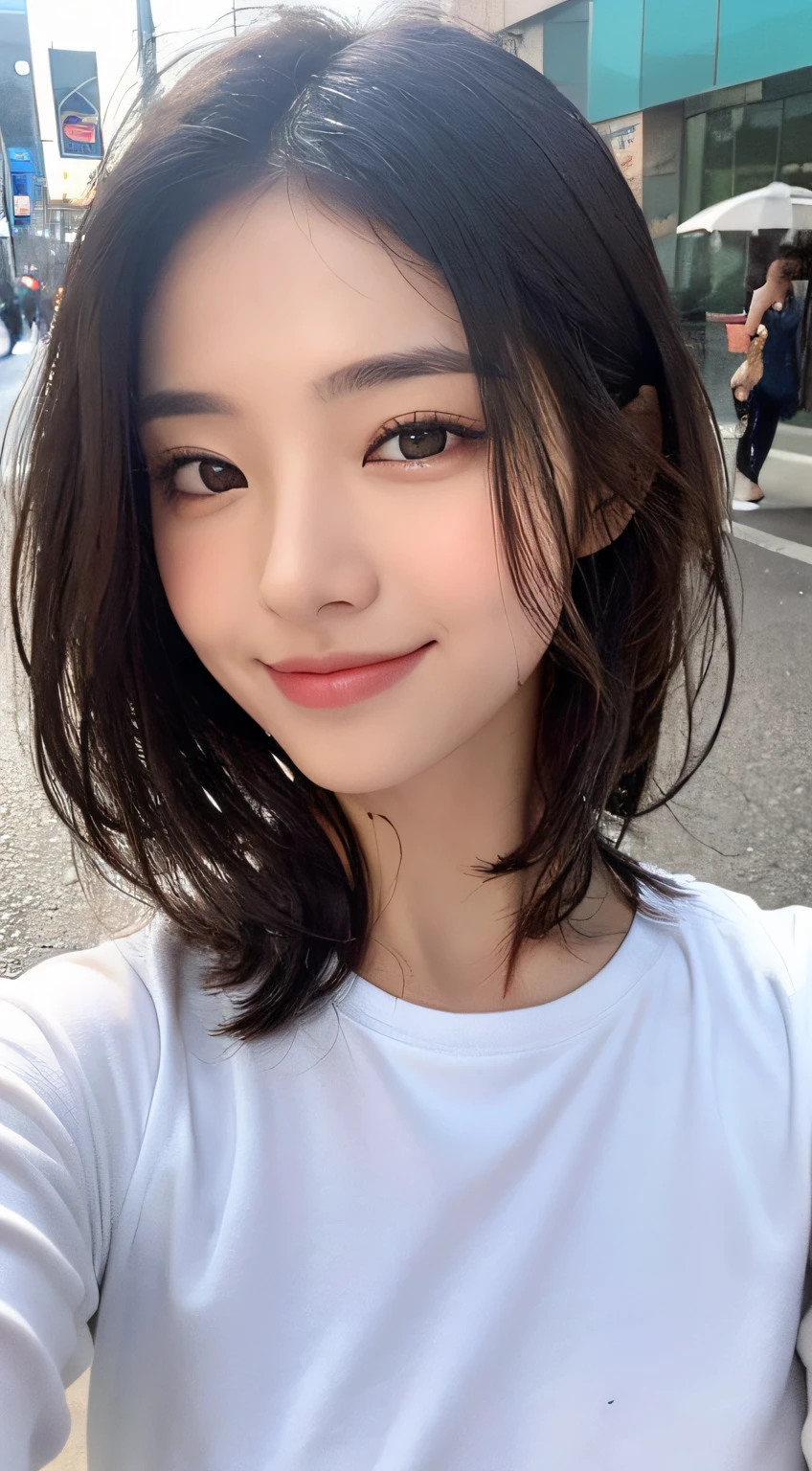 ((Best Quality, 8K, Masterpiece: 1.3)), Sharp: 1.2, Perfect Body Beauty: 1.4, Slim Abs: 1.2, ((Layered Hairstyle, Big: 1.2)), (Wet White Button Long Shirt: 1.1), (Rain, Street: 1.2), Wet: 1.5, Highly Detailed Face and Skin Texture, Detailed Eyes, Double Eyelids, Aspect Looking at Camera, Smile