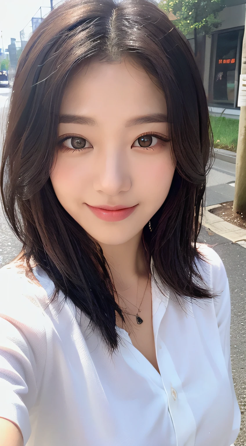 ((Best Quality, 8K, Masterpiece: 1.3)), Sharp: 1.2, Perfect Body Beauty: 1.4, Slim Abs: 1.2, ((Layered Hairstyle, Big: 1.2)), (Wet White Button Long Shirt: 1.1), (Rain, Street: 1.2), Wet: 1.5, Highly Detailed Face and Skin Texture, Detailed Eyes, Double Eyelids, Aspect Looking at Camera, Smile