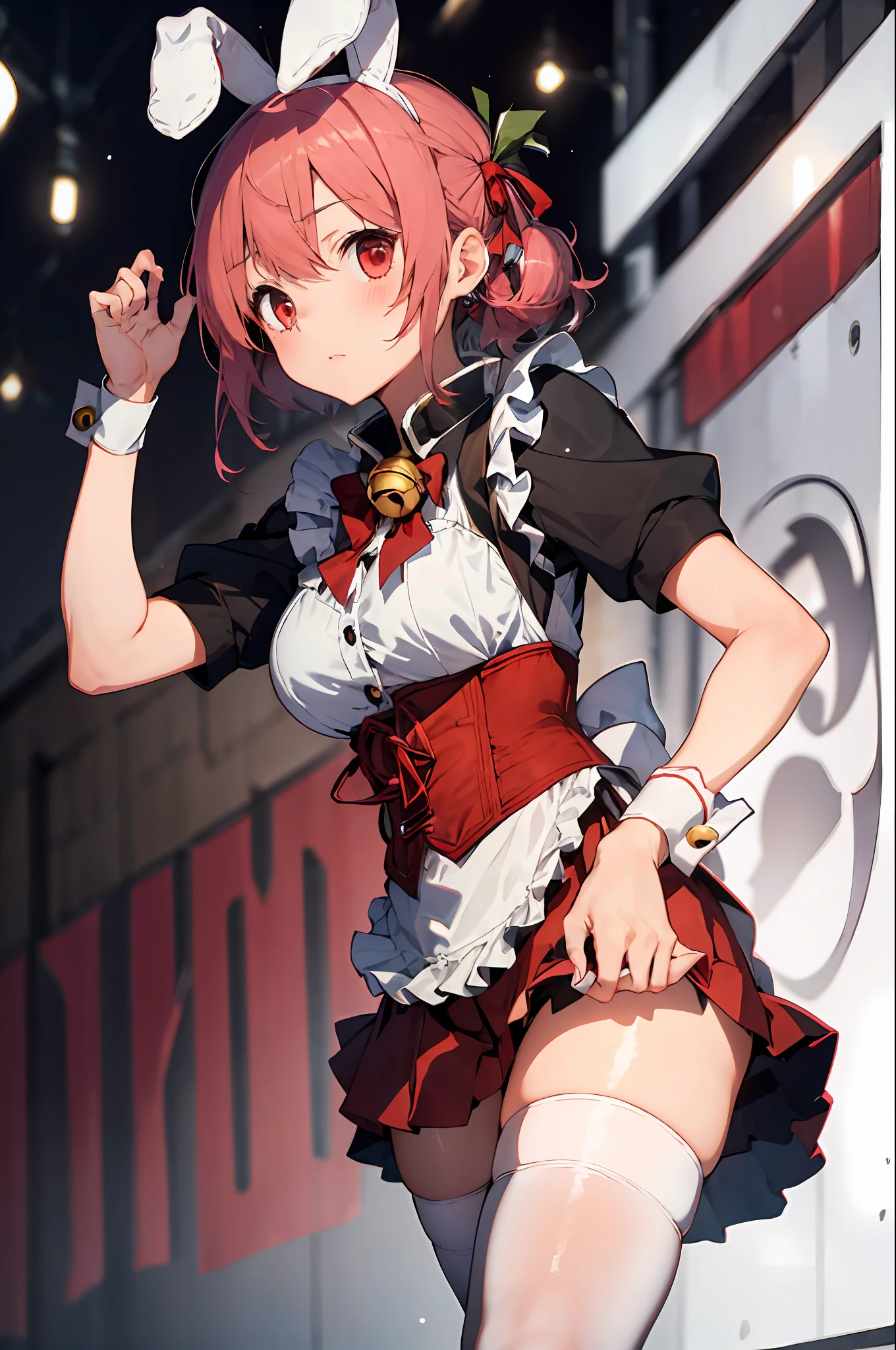 absurdres, best quality, 1girl, solo, pink hair, black eyes, long hair, large breasts,  ahBunny, rabbit ears, red corset, gakuran, apron, red neck ribbon, red skirt, hair bow, short sleeves, wrist cuffs , white thighhighs, jingle bell