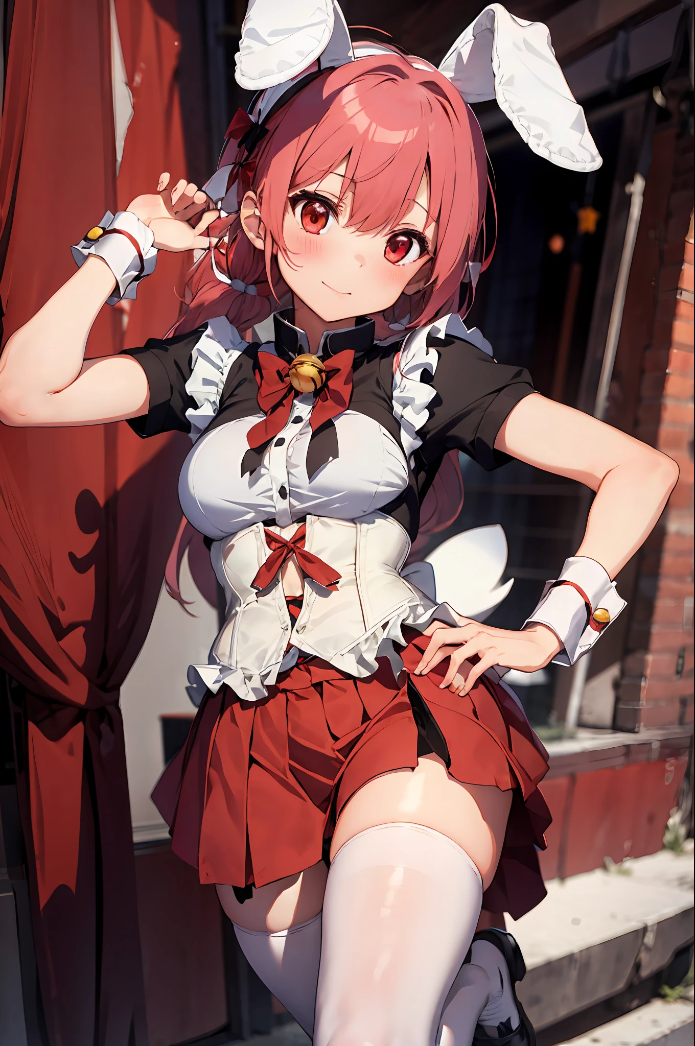 absurdres, best quality, 1girl, solo, pink hair, black eyes, long hair, large breasts,  ahBunny, rabbit ears, red corset, gakuran, apron, red neck ribbon, red skirt, hair bow, short sleeves, wrist cuffs , white thighhighs, jingle bell