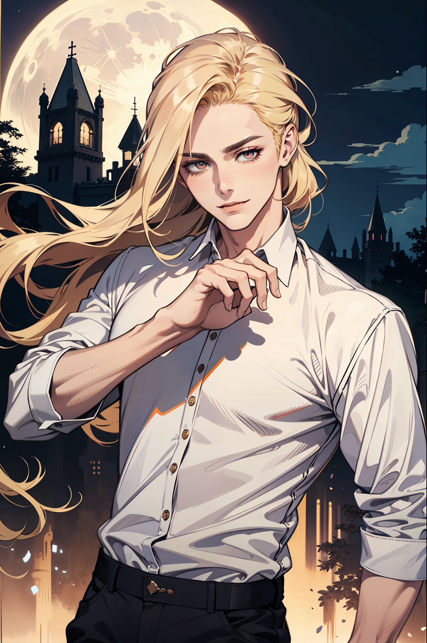 (absurdres, highres, ultra detailed), 1man, 30 years old man, adult man, handsome, tall,, finely detailed eyes and detailed face, leather pants, (((white shirt))), night, smile, dutch angle, ((long hair, blonde hair)), moon, gold details, gothic, vampire, vampire prince, dark, simple clothes, looking at the view, pale skin, red detailed eyes, (masculine), sexy, elegant, long bangs, detailed hands