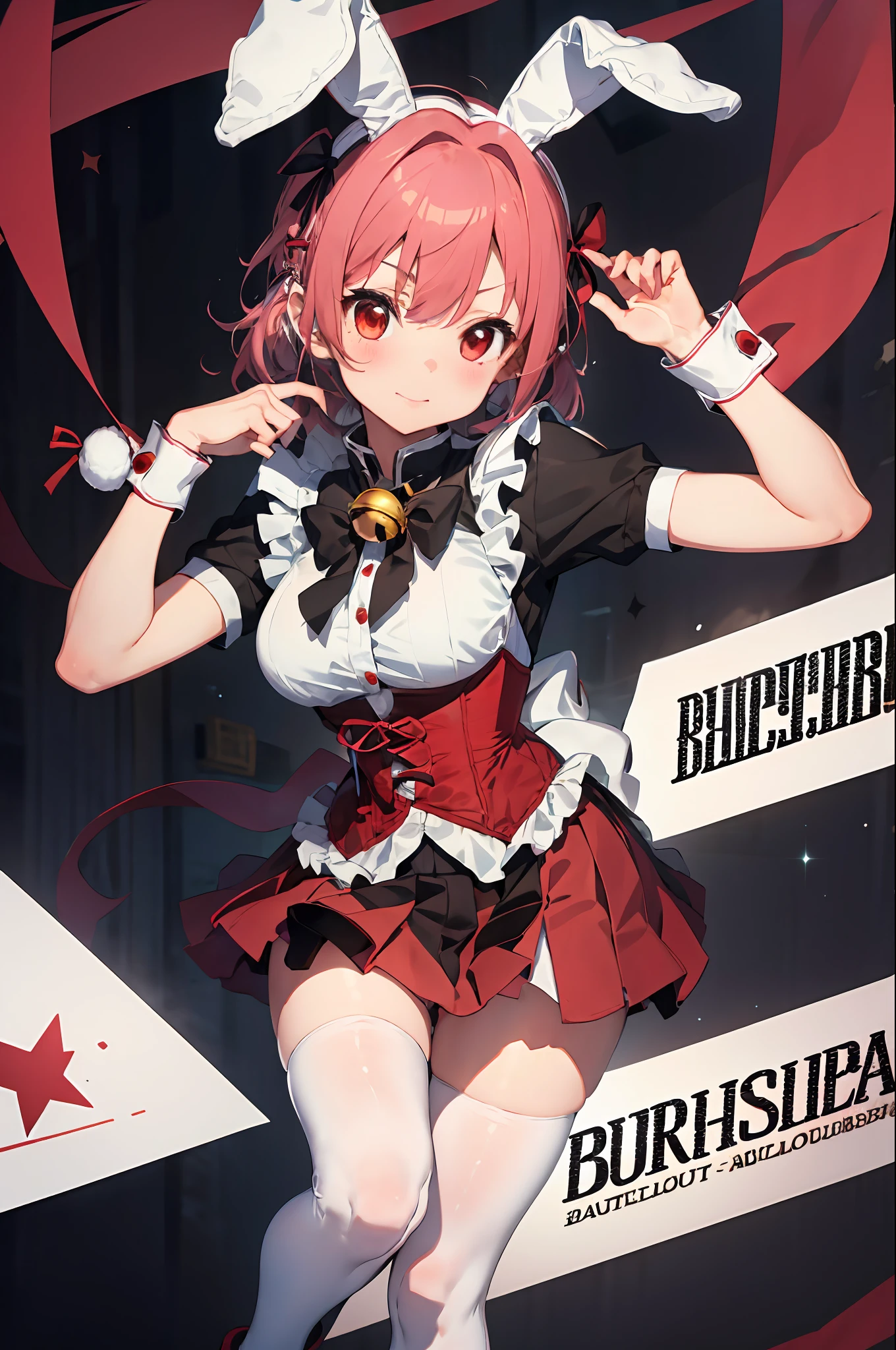 absurdres, best quality, 1girl, solo, pink hair, black eyes, long hair, large breasts,  ahBunny, rabbit ears, red corset, gakuran, apron, red neck ribbon, red skirt, hair bow, short sleeves, wrist cuffs , white thighhighs, jingle bell