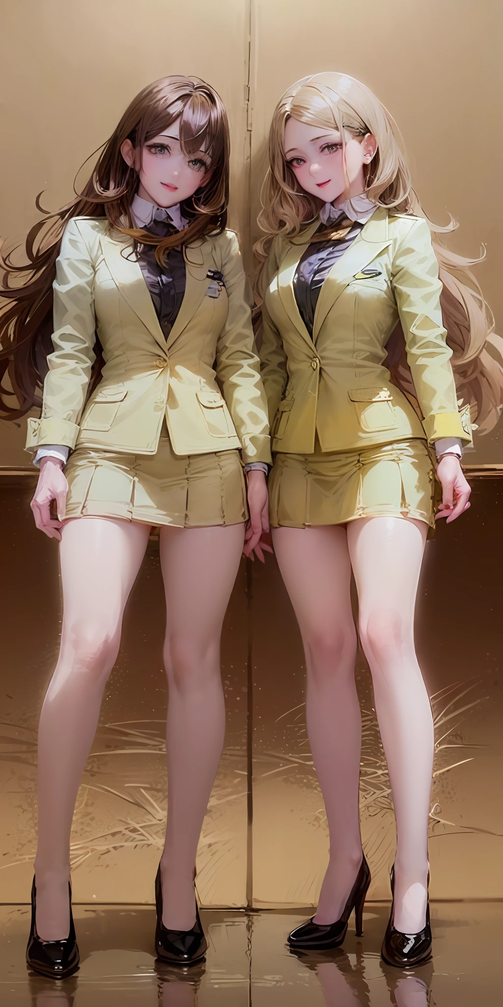 ((Masterpiece, highres)), 2girls, duo, twins, ((one brown haired girl, one blonde girl)), long hair, curly hair, matching hairstyles, different hair color, confident, elegant, proud smiles, (((matching outfits, identical outfits, yellow school uniforms, sexy school uniforms, yellow blazer, yellow short skirt, white thighhighs, white socks, black high heels)))