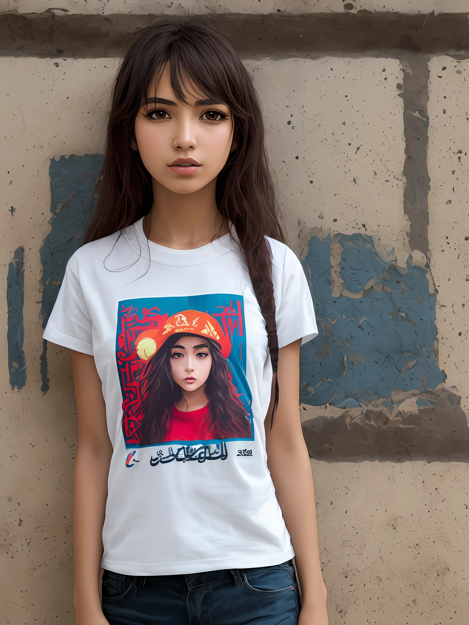 Chica joven, arabic, morena, contemporary, realista, urbano, desnutrida, colores apagados, dystopia, tejanos, camiseta, mochila, ojos oscuros, pelo liso,
