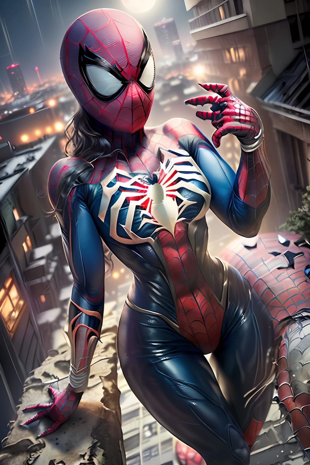 ((corpo inteiro, Standing):1.2), {((1Mulher/porco/Spiderman):1.3)}, {((Traje do Homem-Aranha)), ((mask on face)), ((Olhando para o Viewer, fazendo pose)), ((on top of a building, It's night, chovendo muito, A full moon in the sky))}, ((detailed hands))