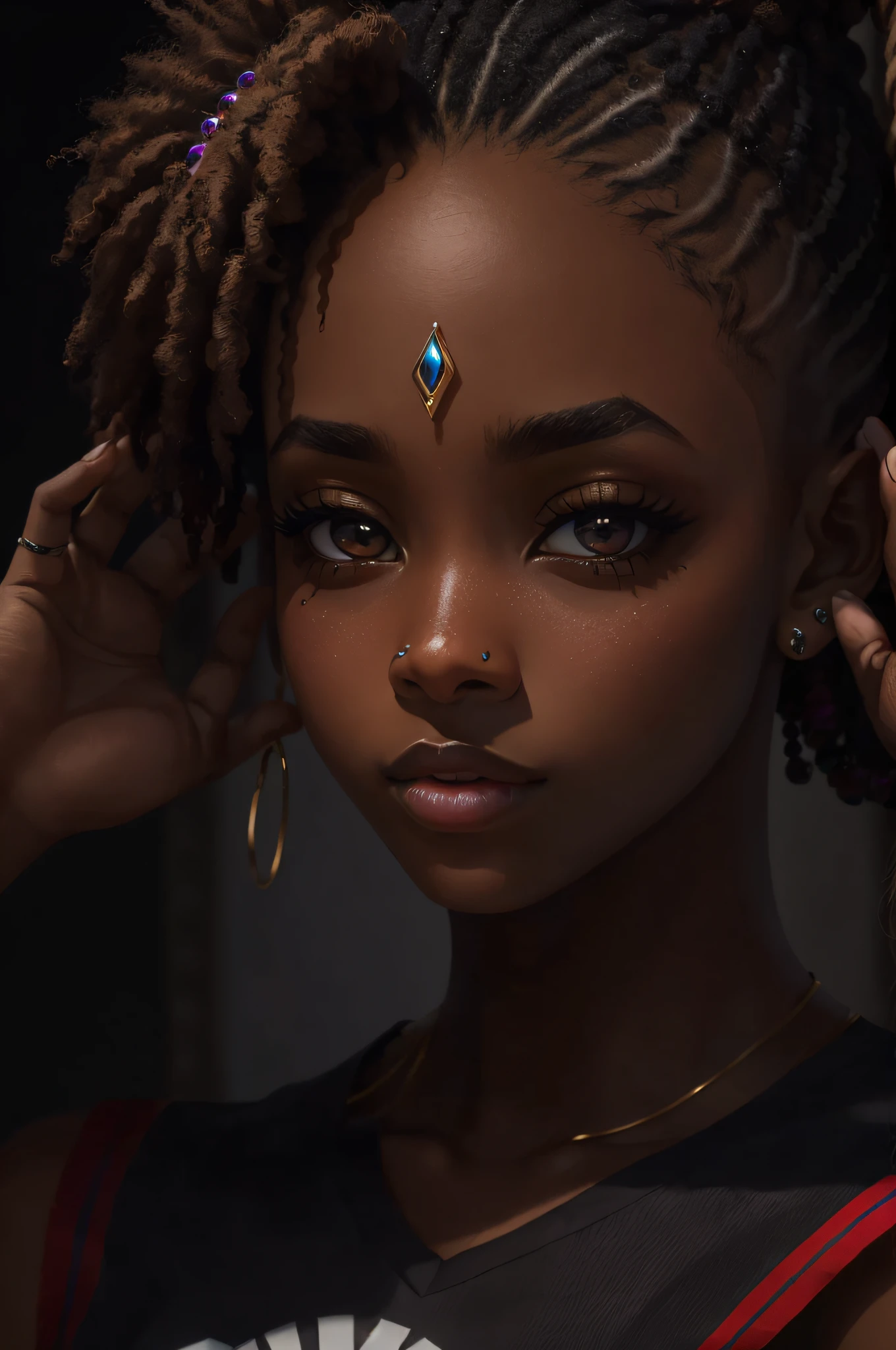 obra-prima, melhor qualidade, ultra-detalhado, 8K, luz detalhada, sombra detalhada, RAW, (pele detalhada), (realista: 1.2), 1 Mulher negra (afrodescendente), natural da africana, pele negra, sensual, pele refinada, rosto, unhas, cabelos encaracolados, olhando para o visualizador, piercing, fundo niquelado, boca fechada, olhos castanhos escuros, esmalte de unha vermelho,-auto --auto