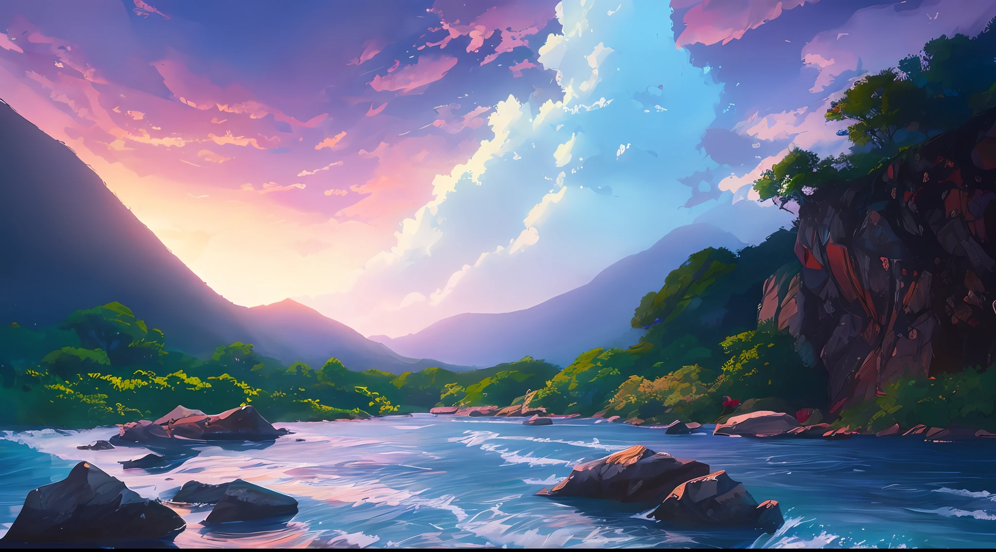 Detailed and perfect anime style illustration, desenhar Kiyoshi por um rio, in deep meditation. Ao seu redor, They represent the lush nature and calm waters of the river that flows gently over the rocks, dramatic lighting Makoto Shinkai