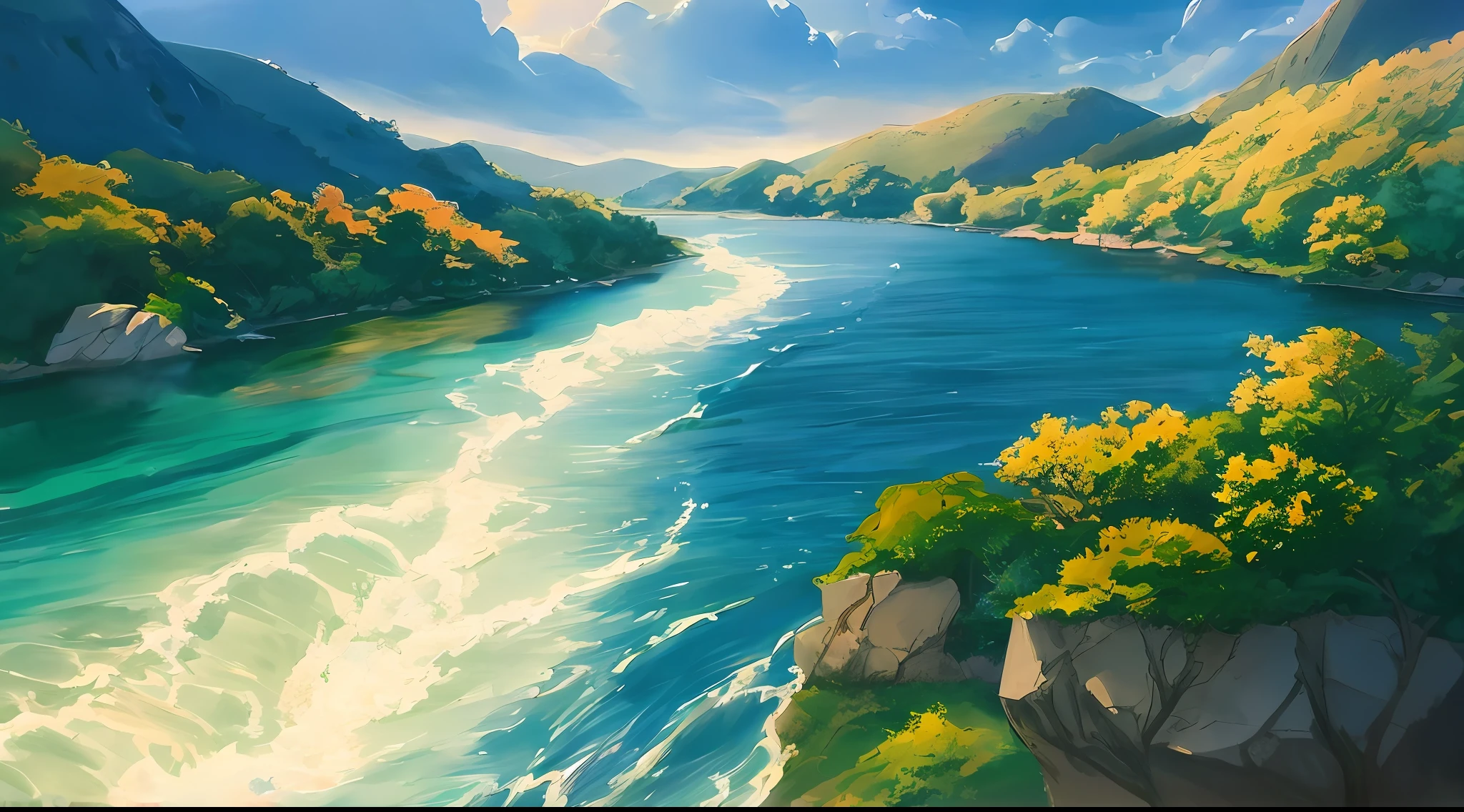 Detailed and perfect anime style illustration, desenhar Kiyoshi por um rio, in deep meditation. Ao seu redor, They represent the lush nature and calm waters of the river that flows gently over the rocks, dramatic lighting Makoto Shinkai