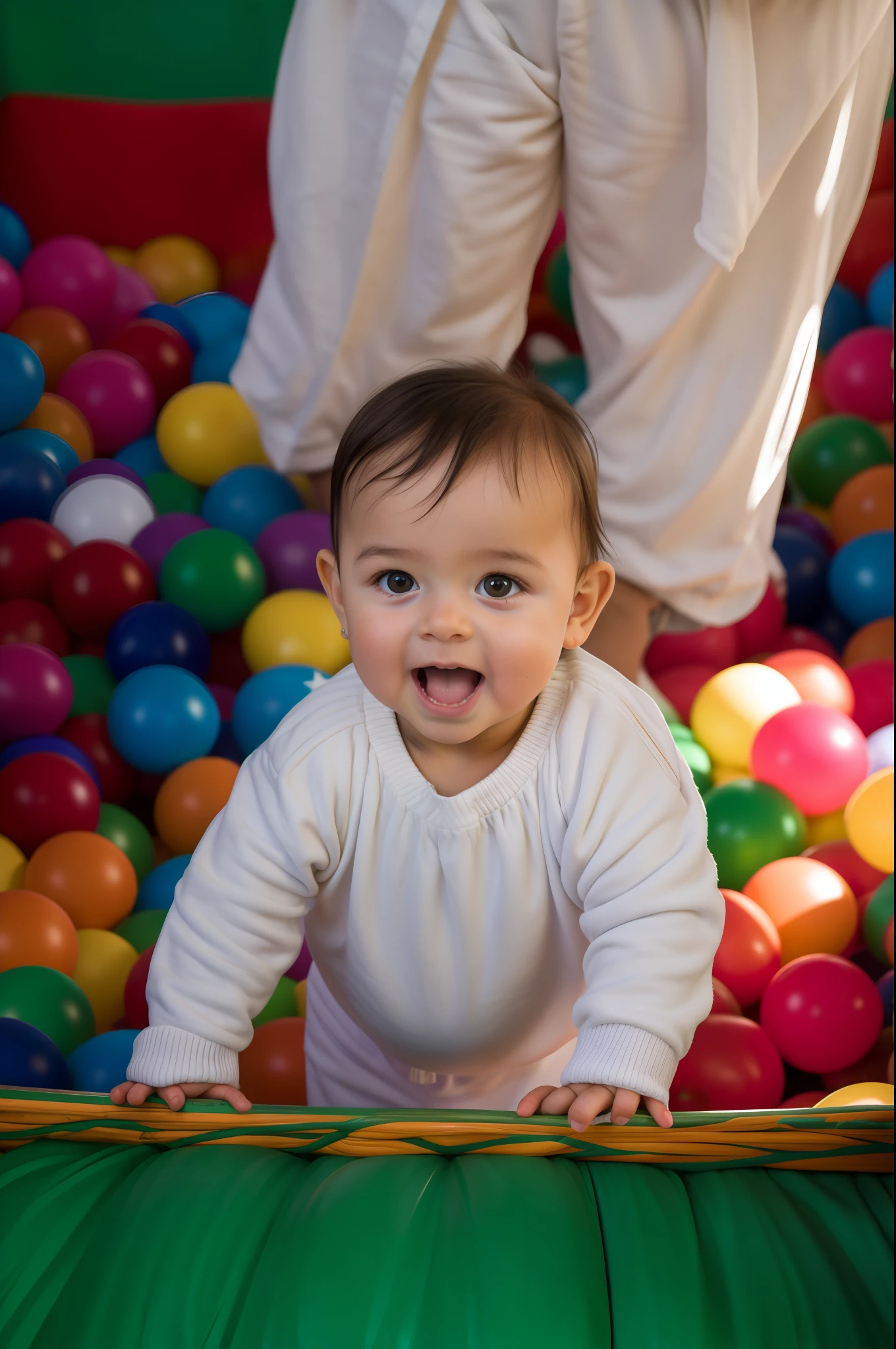 There's a baby who's standing in a ball pit, in a ball pit, garoto feliz, Softplay, foto de retrato, cabrito, foto de retrato em close-up, curious expression, garotinho, childrens, intense expression, bonito, frisky!!!, close - foto retrato acima, crawling towards the camera, barnet, close up foto de retrato, foto retrato, childrens, Antecedentes complexos