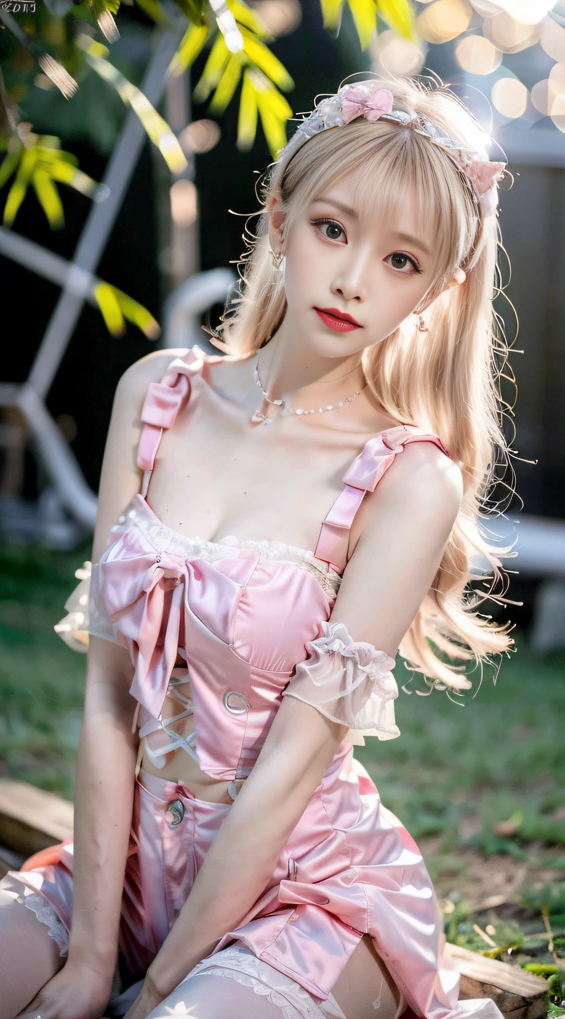 (best quality, masterpiece, high resolution, glow, flood, lens glare, wide angle), sunlight, full body, 1 [Chinese|Russian|Japanese|Korean] girl, solo,((mei red:1.1) clothes), necklace, jewelry, long hair, earrings, super delicate face, beautiful face, perfect hands,full face blush, (perfect eyes) and ( long eyelashes: 1.4), glowing pupils, (white stockings: 0.9), realism, (high detail skin: 1.2), 8k ultra hd, DSLR, high quality, volumetric lighting, frank, high resolution, 4K, 8K, background bokeh, dream forest, radiant garlic, feather drop effect, morning, foreground, f/16