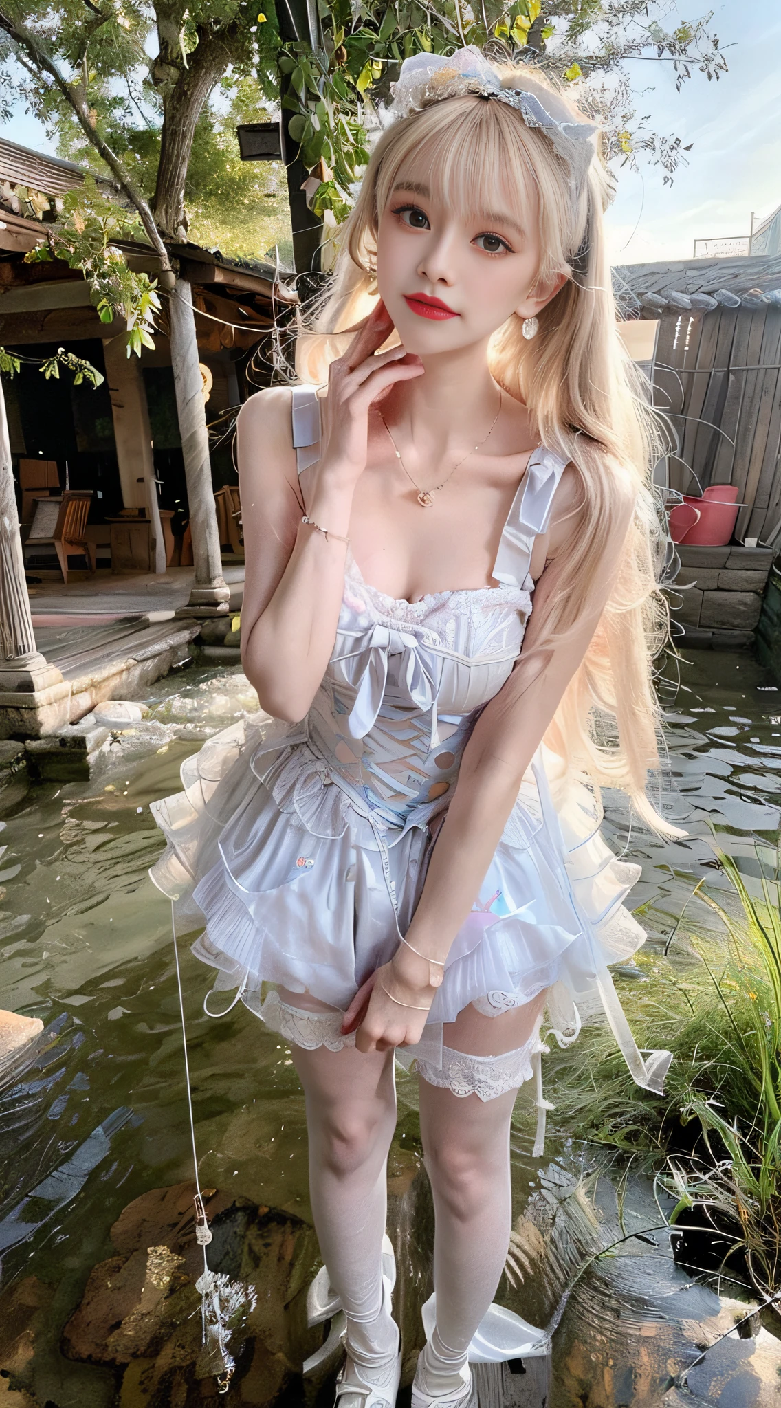 (best quality, masterpiece, high resolution, glow, flood, lens glare, wide angle), sunlight, full body, 1 [Chinese|Russian|Japanese|Korean] girl, solo,((mei red:1.1) clothes), necklace, jewelry, long hair, earrings, super delicate face, beautiful face, perfect hands,full face blush, (perfect eyes) and ( long eyelashes: 1.4), glowing pupils, (white stockings: 0.9), realism, (high detail skin: 1.2), 8k ultra hd, DSLR, high quality, volumetric lighting, frank, high resolution, 4K, 8K, background bokeh, dream forest, radiant garlic, feather drop effect, morning, foreground, f/16