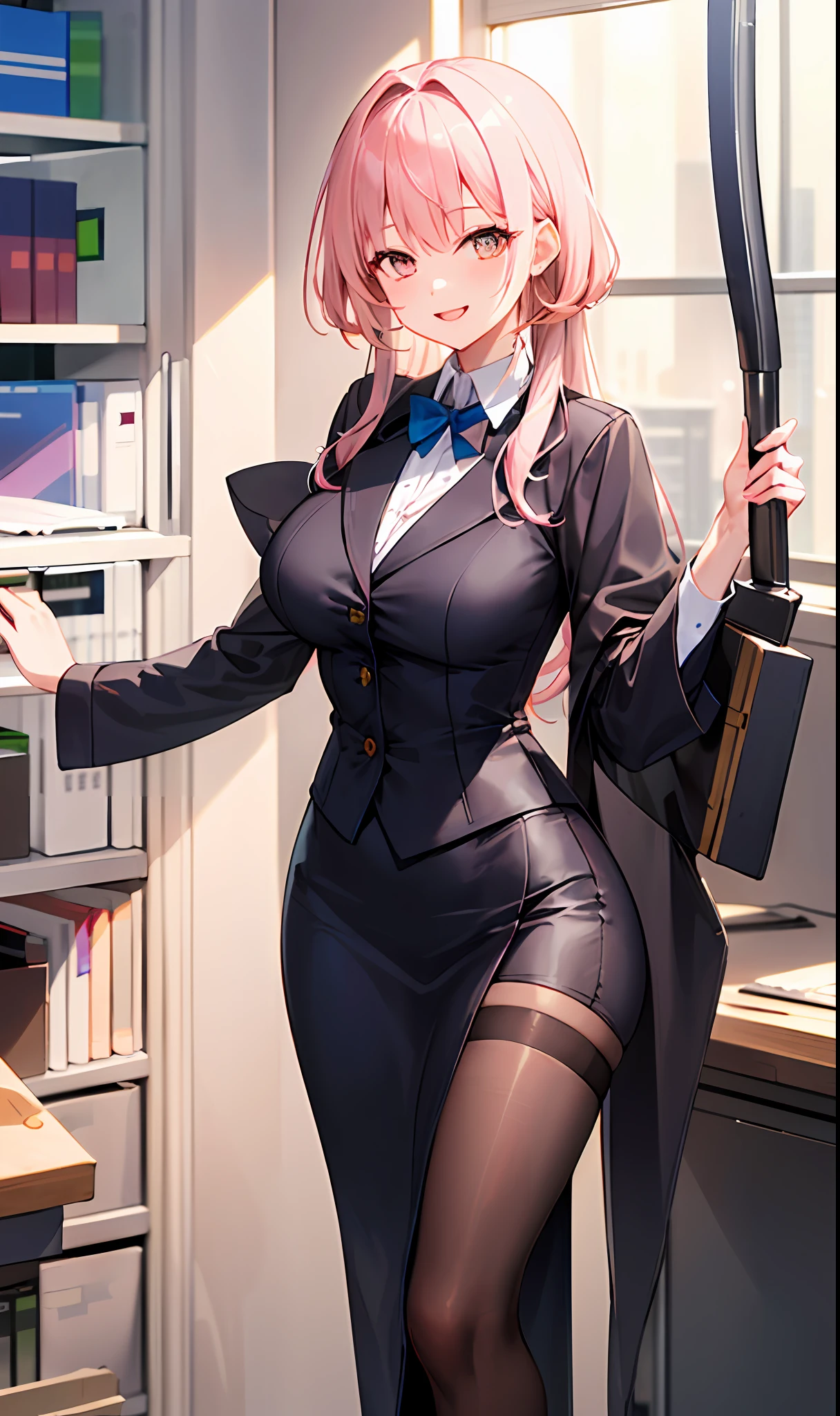 ((masterpiece, best)),(1girl),((mature woman)), light pink hair, dizzy, trumpet, ((office lady)), bangs, mid-chest, (full), slim, smiling, [wide hips] ,office,standing, aru \(blue archive\),