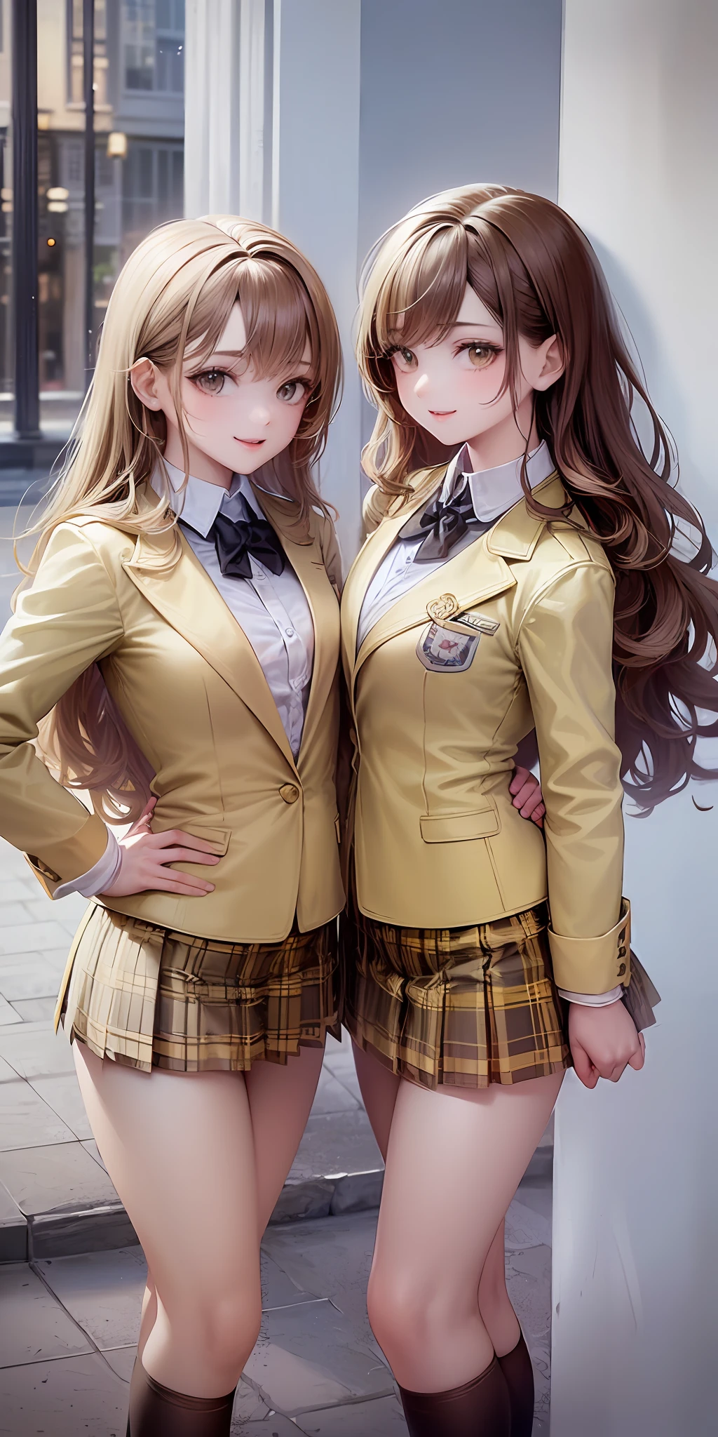 ((Masterpiece, highres)), 2girls, duo, twins, ((one brown haired girl, one blonde girl)), long hair, curly hair, matching hairstyles, different hair color, confident, elegant, proud smiles, (((matching outfits, identical outfits, yellow school uniforms, sexy school uniforms, yellow blazer, yellow short skirt, white thighighs, black high heels)))