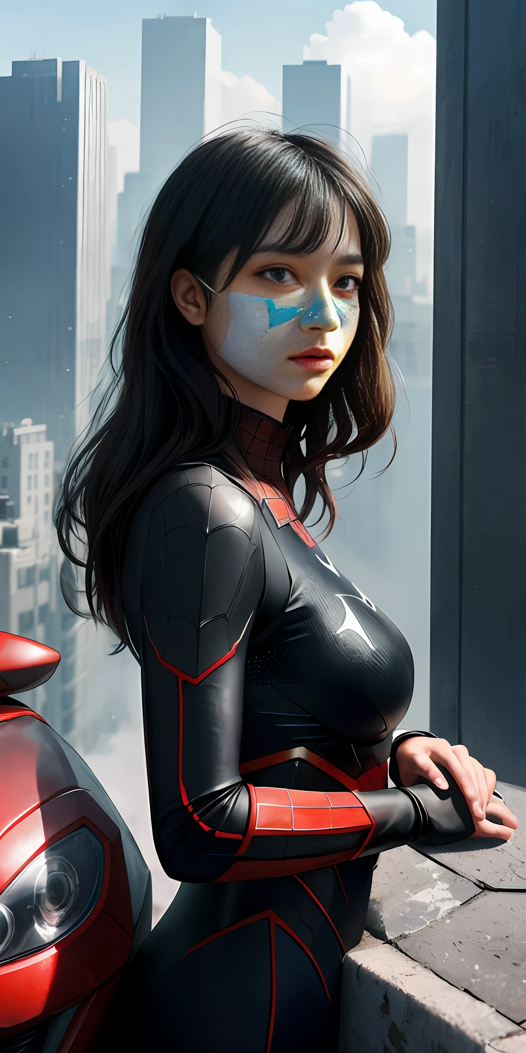 (1girl:1.3), 独奏, (((very vey very detailed face))),((very detailed eyes and faces))),beatiful detailed eyes,Body parts__,offcial art,Unified 8k wallpaper,ultra-detailliert,Beautiful and beautiful,big breasts beautiful,tmasterpiece,best qualtiy,primitive,tmasterpiece,ultra fine photos,best qualtiy,超高分辨率,photorealistic realism,rays of sunshine,full-body portraits,stunningly beautiful,,dynamicposes,delicated face,vibrant eyes,(from the front side), she is in a spider-man suit,Red and black color scheme,arachne,Very detailed city roof background, Roof,looking over city,详细的脸,detailed complex busy background,untidy,opulent,milkyW,highly detailedskin,Realistic details of skin,Visible pores,Clear focus,volume fog,8k uhd,digital SLR camera,high qulity,filmgrain,White skin of the,photo-realism,lomography,A huge metropolis of the dystopia of the future, semi transparent,With a Digga Ultraman mask