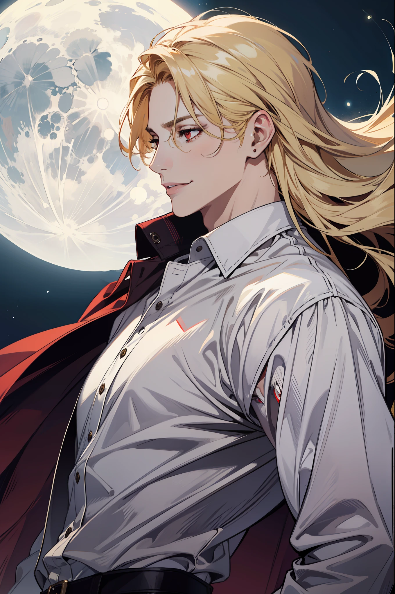 (absurdres, highres, ultra detailed), 1man, 30 years old man, adult man, handsome, tall,, finely detailed eyes and detailed face, leather pants, (((white shirt))), night, smile, dutch angle, ((long hair, blonde hair)), moon, gold details, gothic, vampire, vampire prince, dark, simple clothes, looking at the view, pale skin, red detailed eyes, (masculine), sexy, elegant, long bangs, detailed hands, (((red eyes)))