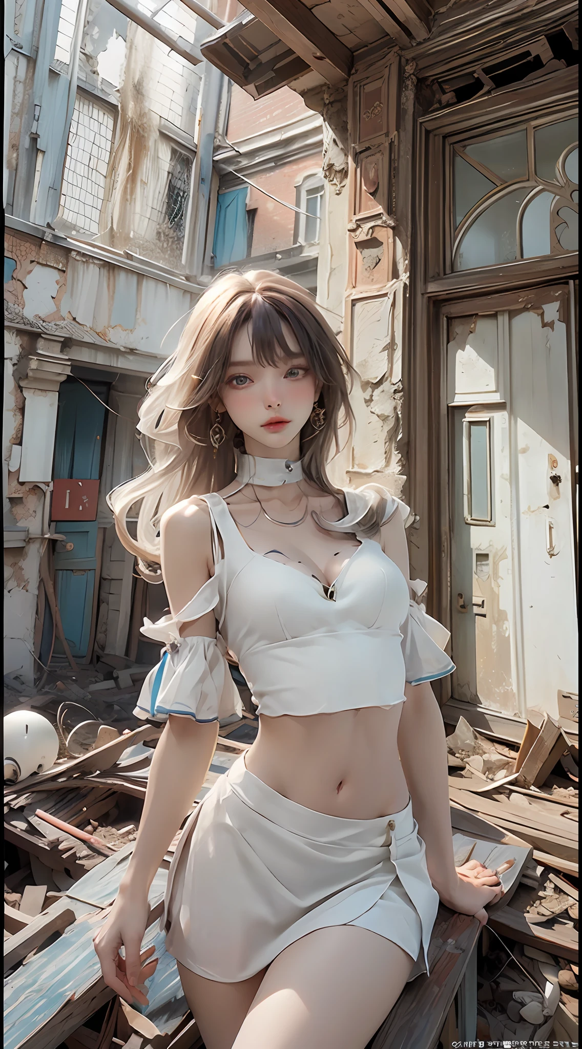 ruined city as background, inside abandoned house, fashion model posing, fashion model posing, white and blue color no-sleeve Top, white ultra short skirt, red ultra short pants, head and full body, Extremely cute human eighteen year old girl, bare legs, very beautiful and feminine, short, petite, beautiful breast, small, busty buttocks, large bust, large breast, bare legs, bare legs, cleavage display, split skirt, flat belly display, detailed eyes, detailed nose, super detailed on face, partial accessory with earring on the ear, very stylish, award-winning product design, tights, split skirt, bare legs, Shiny breast top opens at the cleavage and abdomen, stylish, glowing trims, atmospheric perspective, 8k, super detail, Accurate, best quality,