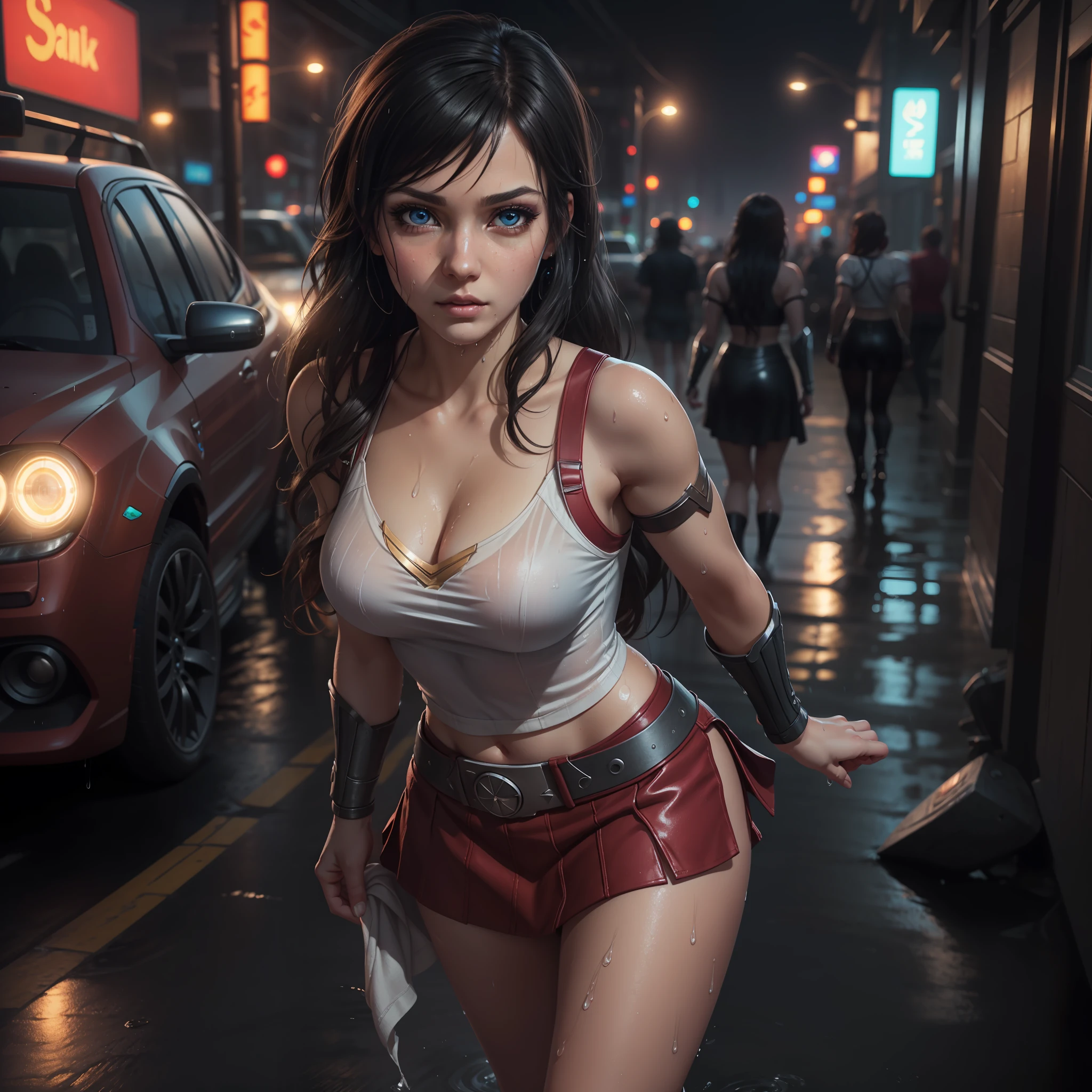 Photo-realistic,Realistic illustration in Manga style,((Masterpiece)),((Best quality)),((Ultra-detailed)),((1girl)),((solo)),((Waifu:1.5)),Perfect Anatomy,Cute_face,Waifu Tifa Lockhart final fantasy 7 remake,in cosplay of Wonderwoman and ironman Mark-85,wet clothes,white blouse,black Miniskirt,black socks,Red_eyes,wavy hair,eyeliner,cute Makeup,((Perfect detailed eyes)),cyberpunk city,rain outside,nighttime,((Extremely CG unity 8k wallpaper)),intricate details,extremely beautiful and aesthetic,Octane rendering,full body portrait,wet skin,((perfect detailed body)),