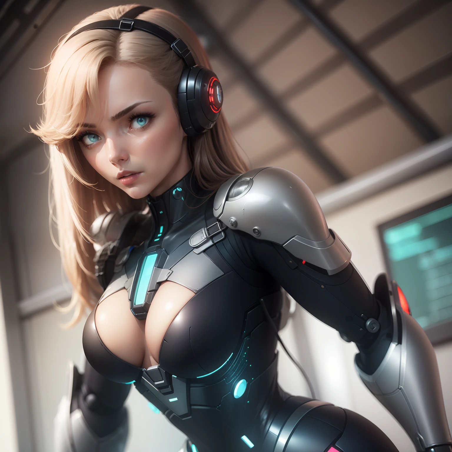 a close up of 1 woman in a black suit, female android, decote, blonde, ultra detailed female android, cybersuit, gynoid cyborg body, cyborg fashion model, cyber suit, sci-fi android female, retrofuturistic female android, gynoid body, boobs cyberpunk, sci-fi female