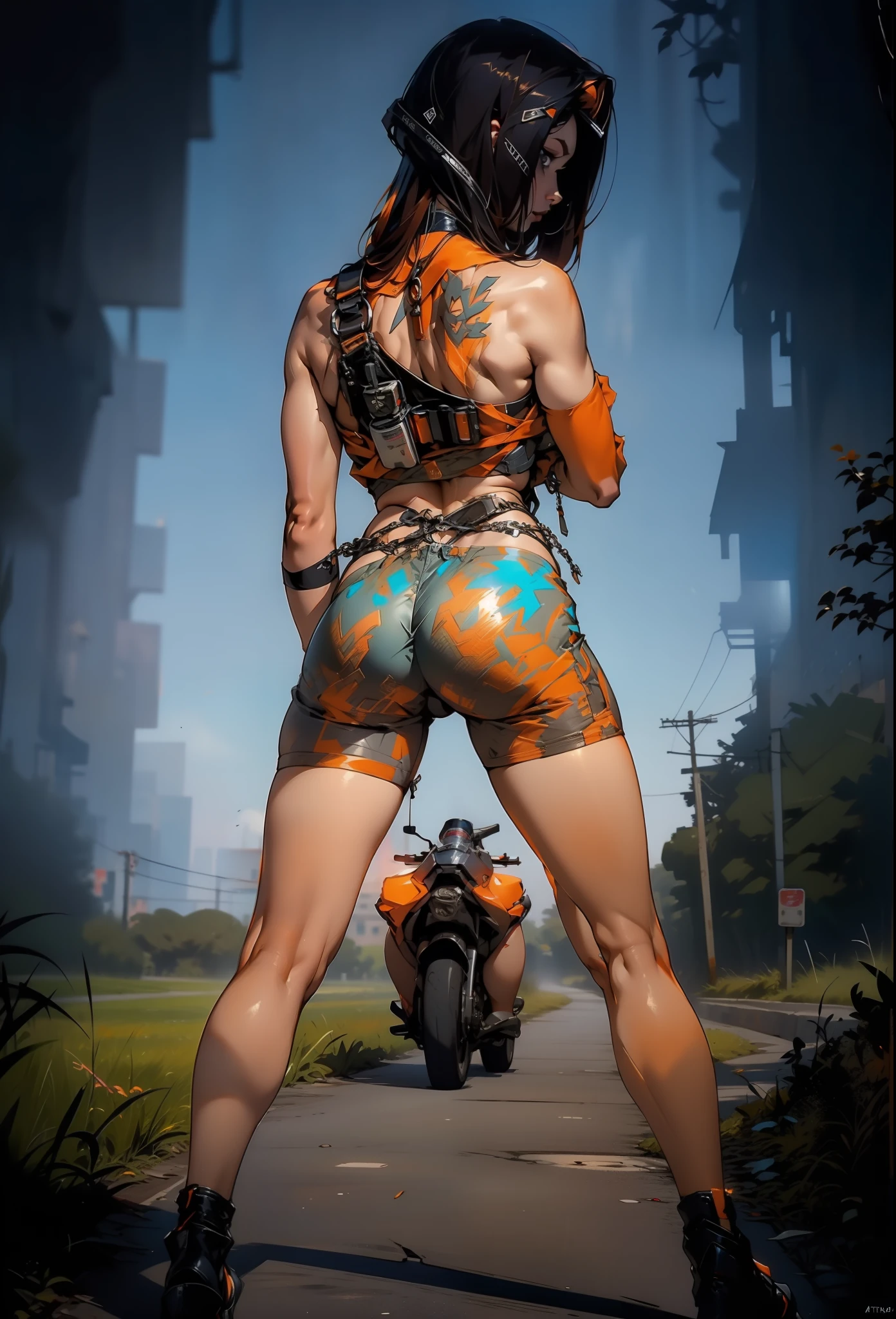 ((La mejor calidad)), ((Obra maestra)), (Detallado: 1.4), (((derriere))), ((perfecto)), A muscular 35-year-old cyberpunk woman almost naked Simon Bisley style for the cover of Heavy Metal magazine, muslos desnudos, Tanga diminuta, liguero, (((Super short orange hair))), Cara limpia, Minimum clothing, Light blue carbon fiber cyberpunk clothing with small dark blue and white details,  (((Ropa azul))), (((atajo))), (((Mujer madura))), (((cuerpo completo)), (((tiny red thong ))), Mechasuit