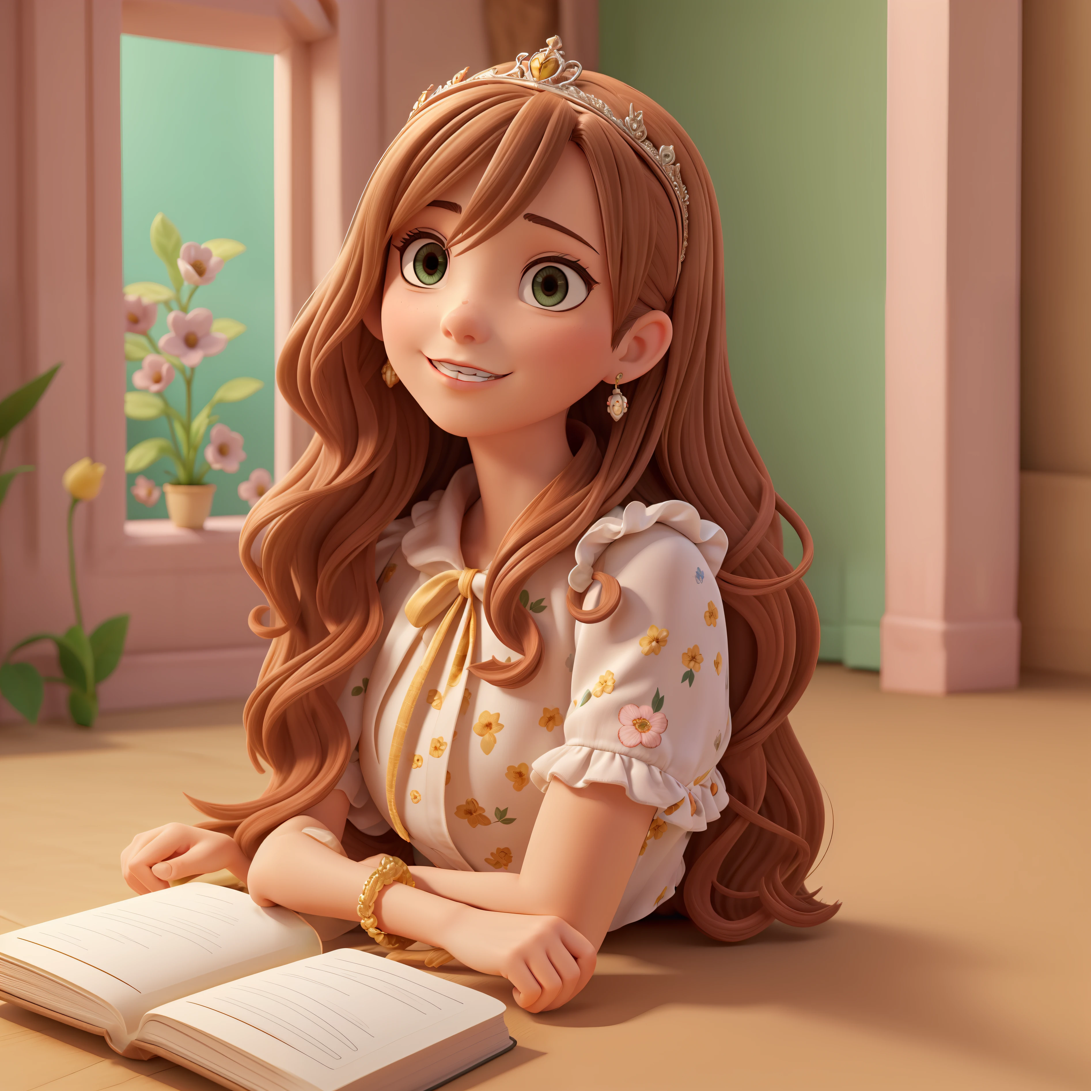 Menina muito delicada e charmosa, corpo inteiro, lendo livro, cabelo longos e rosa, vestido cor black, tiara de flores, fundo da imagem de quarto, feliz, images in Auta resolution, estilo Disney cartoons, 8k, 3d, focalizando o rosto e o corpo.