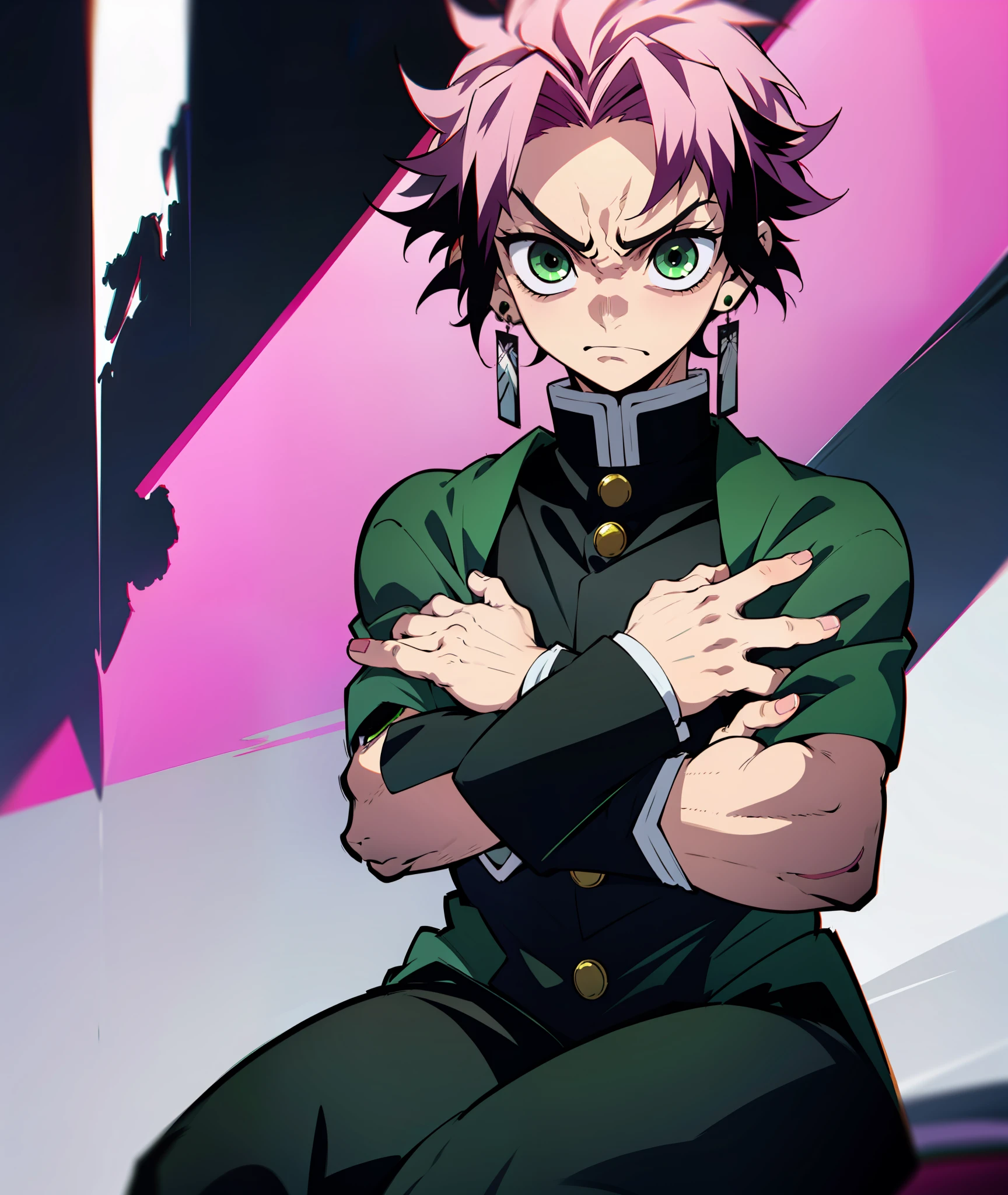 1boy, green eyes, sharp eyes, pink hair, messy hair, demon slayer uniform, muscles, angry, annoyed, messy, eyeliner, goth, earrings, piercings, sitting, arms crossed
