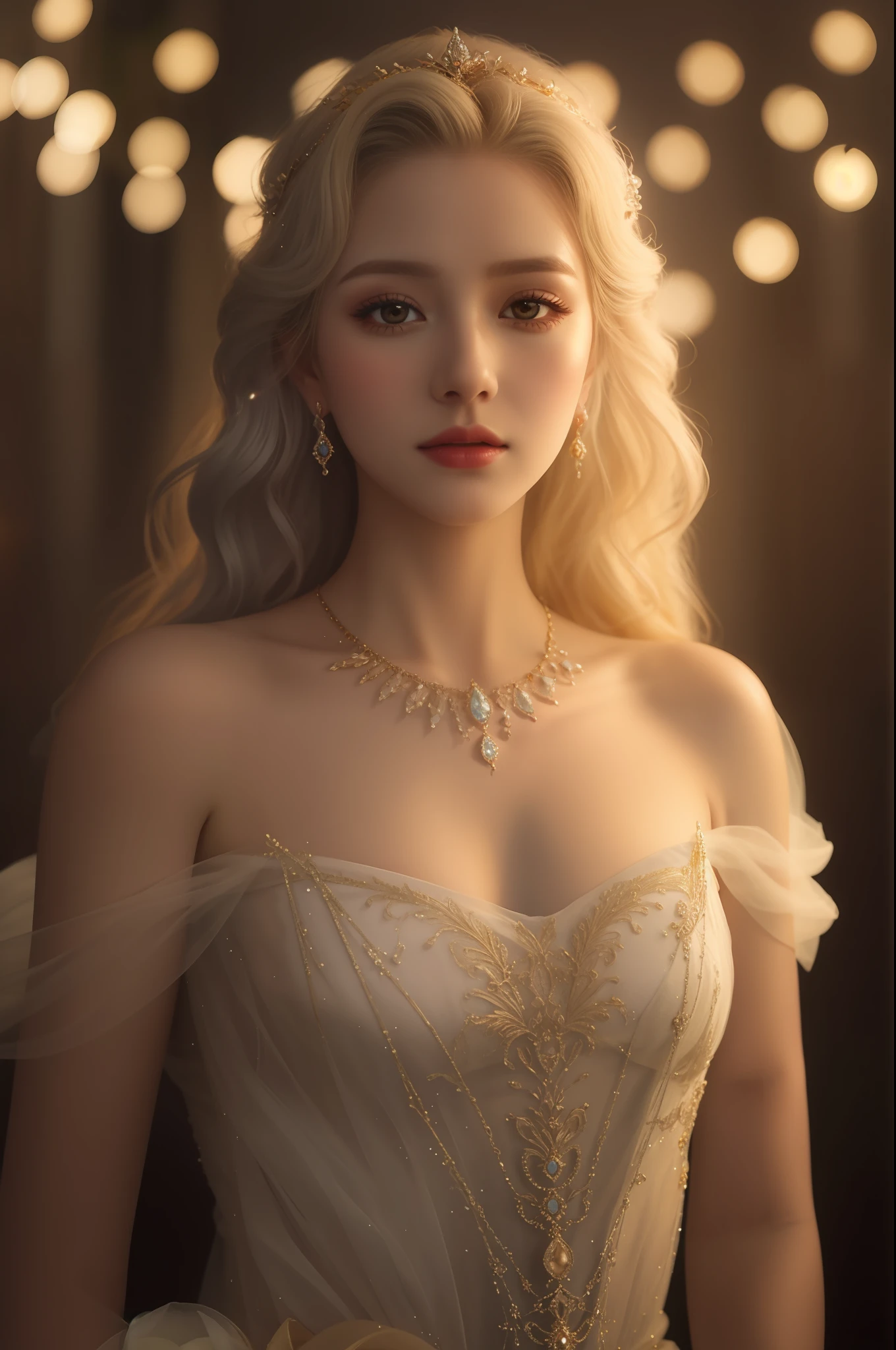um close up de uma mulher em um vestido com um colar em, fantasy gorgeous lighting,cintura fina, linda princesa, elegant cinematic fantasy art, ethereal beauty, Imperatriz loira, Rainha bonita e elegante, ethereal fairy tale, soft ethereal lighting, gorgeous soft lighting, Ethereal gold and silver tones