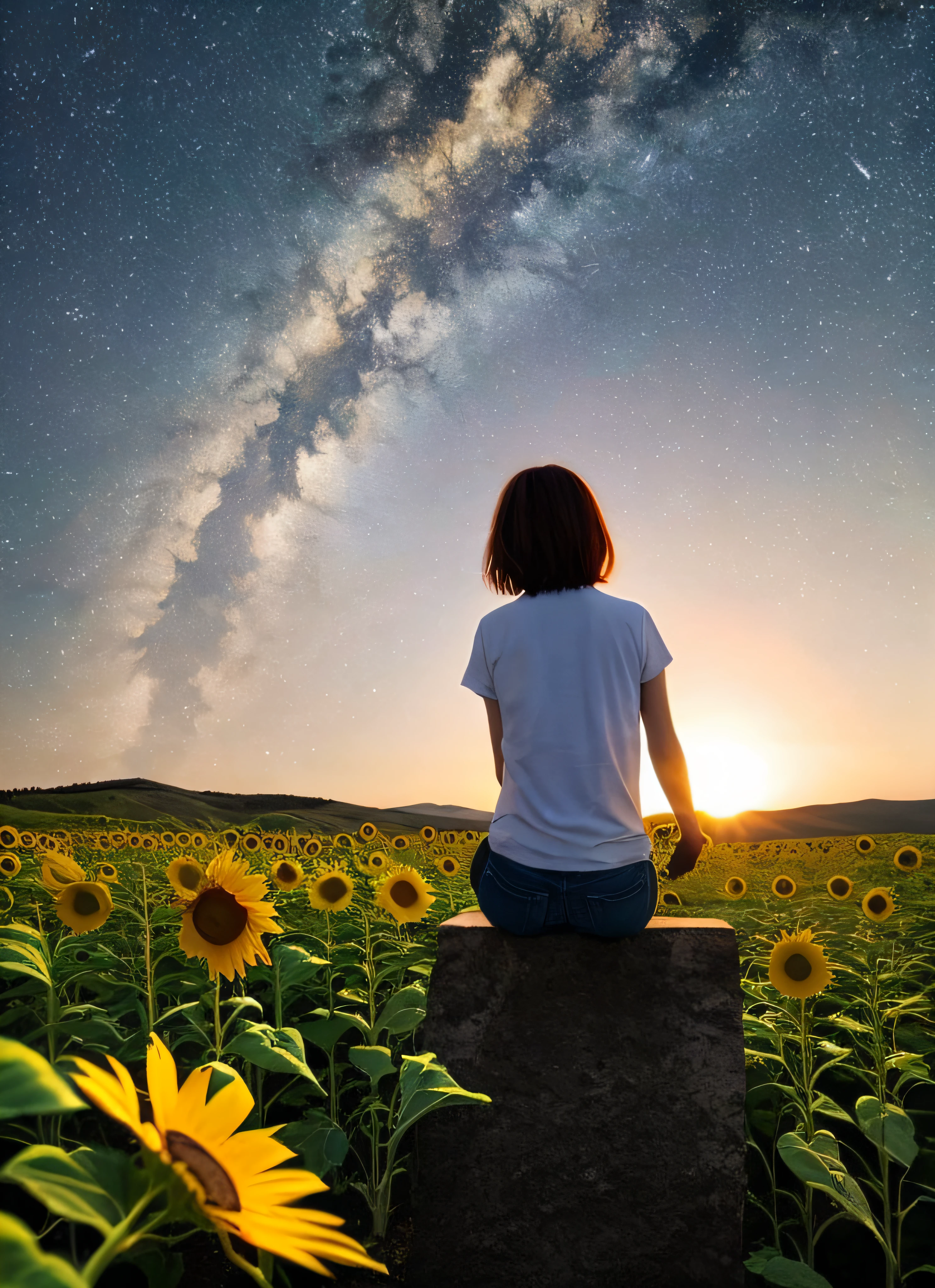 ((Best Quality, Ultra HD photos in 4K, masutepiece:1.1)), octans, skyporn, Stars, landscape, Starry Sky Skiing, Night, 1girl in, nigh sky, Solo, Outdoors, building, Clouds , Milky way, Sitting by a tree, Short hair, silhuette , Sunflower field, Rear view silhouette, Mashed Shorthair, Sunset seen over woman's shoulder, photo detailed, Photorealsitic, Naked and wearing a light white t-shirt、The buttocks are visible、 from behind, ((with their face not visible)),