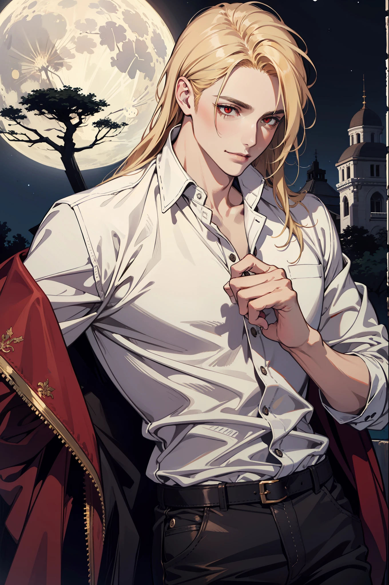 (absurdres, highres, ultra detailed), 1man, 30 years old man, adult man, handsome, tall,, finely detailed eyes and detailed face, leather pants, (((white shirt))), night, smile, dutch angle, ((long hair, blonde hair)), moon, gold details, gothic, vampire, vampire prince, dark, simple clothes, looking at the view, pale skin, red detailed eyes, (masculine), sexy, elegant, long bangs, detailed hands, (((red eyes)))