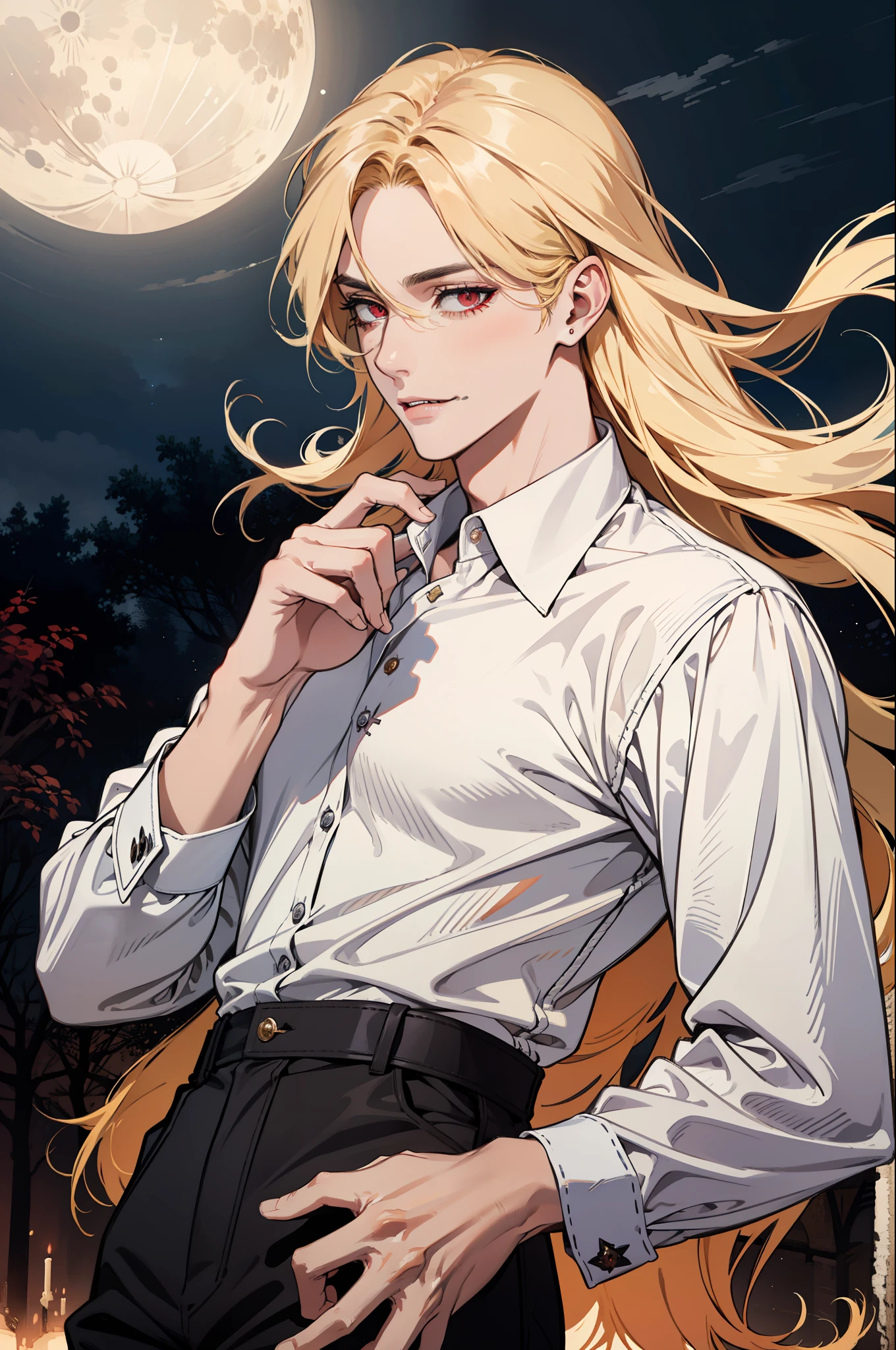 (absurdres, highres, ultra detailed), 1man, 30 years old man, adult man, handsome, tall,, finely detailed eyes and detailed face, leather pants, (((white shirt))), night, smile, dutch angle, ((long hair, blonde hair)), moon, gold details, gothic, vampire, vampire prince, dark, simple clothes, looking at the view, pale skin, red detailed eyes, (masculine), sexy, elegant, long bangs, detailed hands, (((red eyes)))