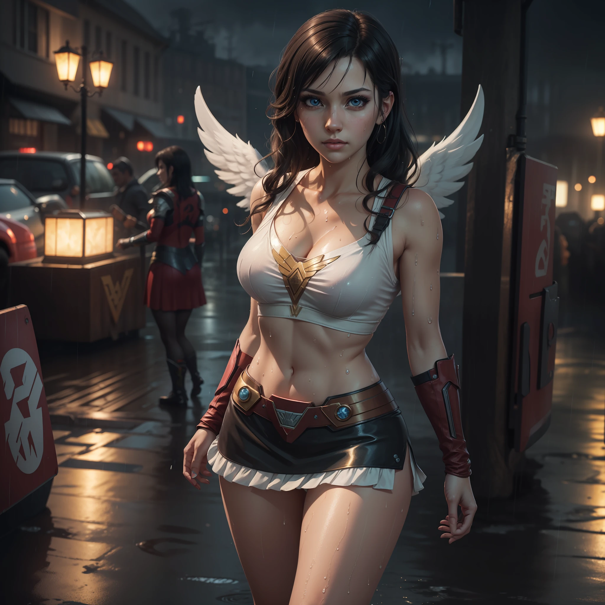 Photo-realistic,Realistic illustration in Manga style,((Masterpiece)),((Best quality)),((Ultra-detailed)),((1girl)),((solo)),((Waifu:1.5)),Perfect Anatomy,Cute_face,Waifu Tifa Lockhart final fantasy 7 remake,in cosplay of Wonderwoman and ironman Mark-85,Angel golden Armor with crystal wings,wet clothes,white blouse,black Miniskirt,black socks,light-Red_eyes,wavy hair,eyeliner,cute Makeup,((Perfect detailed eyes)),cyberpunk city,rain outside,nighttime,((Extremely CG unity 8k wallpaper)),intricate details,extremely beautiful and aesthetic,Octane rendering,full body portrait,wet skin,((perfect detailed body)),
