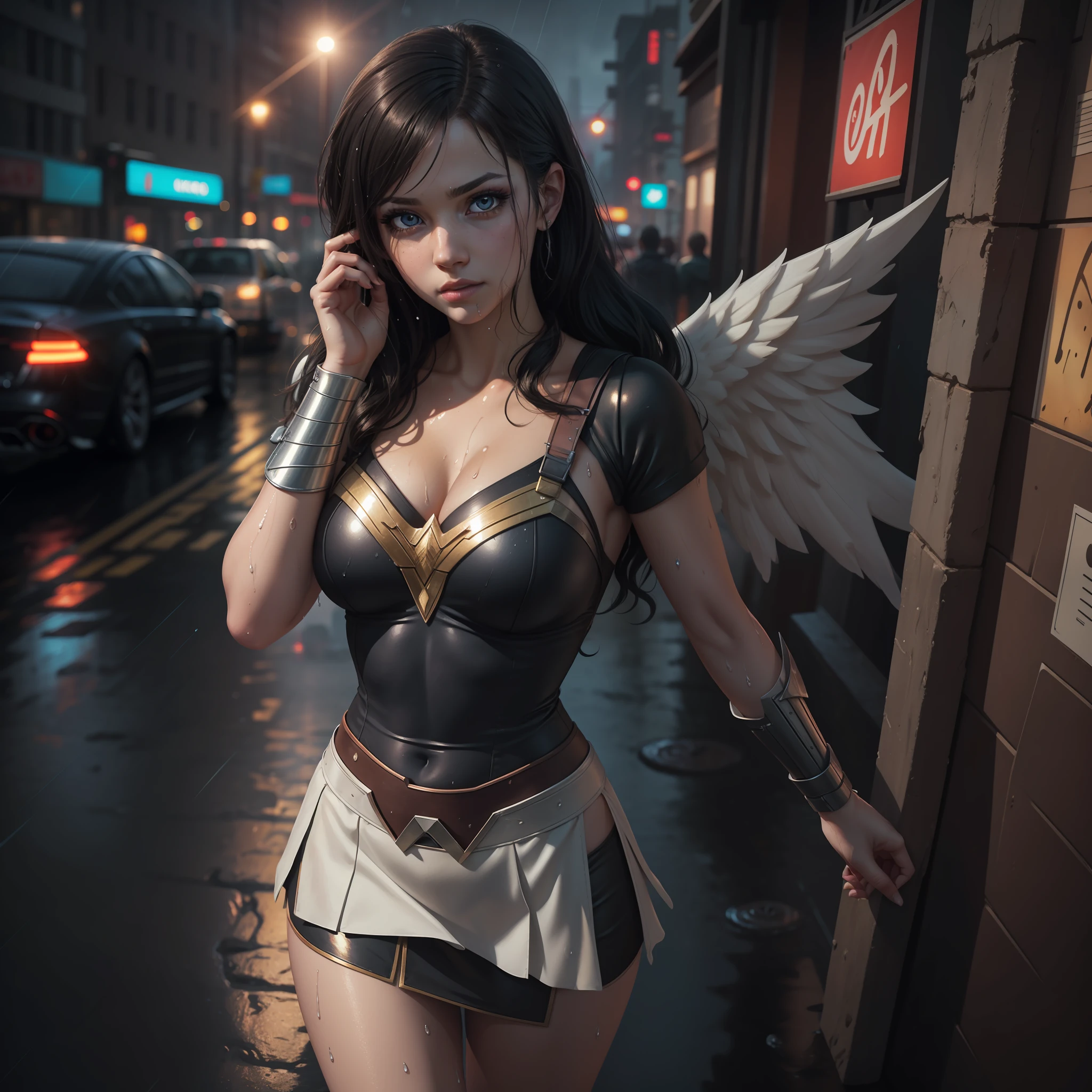 Photo-realistic,Realistic illustration in Manga style,((Masterpiece)),((Best quality)),((Ultra-detailed)),((1girl)),((solo)),((Waifu:1.5)),Perfect Anatomy,Cute_face,Waifu Tifa Lockhart final fantasy 7 remake,in cosplay of Wonderwoman and ironman Mark-85,Angel golden Armor with crystal wings,wet clothes,white blouse,black Miniskirt,black socks,light-Red_eyes,wavy hair,eyeliner,cute Makeup,((Perfect detailed eyes)),cyberpunk city,rain outside,nighttime,((Extremely CG unity 8k wallpaper)),intricate details,extremely beautiful and aesthetic,Octane rendering,full body portrait,wet skin,((perfect detailed body)),