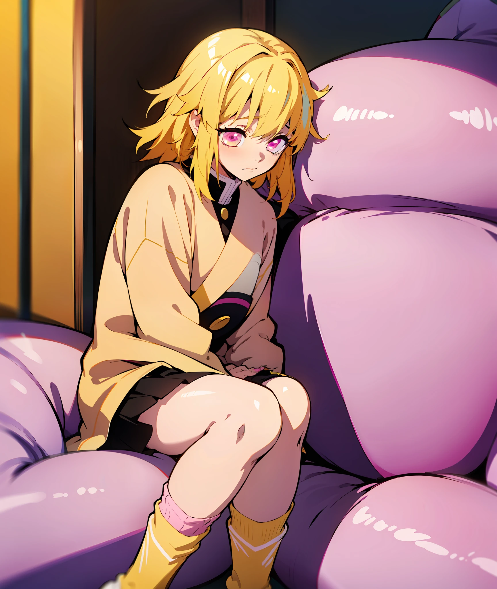 1girl, yellow hair, pink eyes, demon slayer uniform, pink and yellow socks, shy, nervous, yellow and pink haori, pink nails, sitting, shy, knee high baggy socks, yellow and pink socks, pink haori