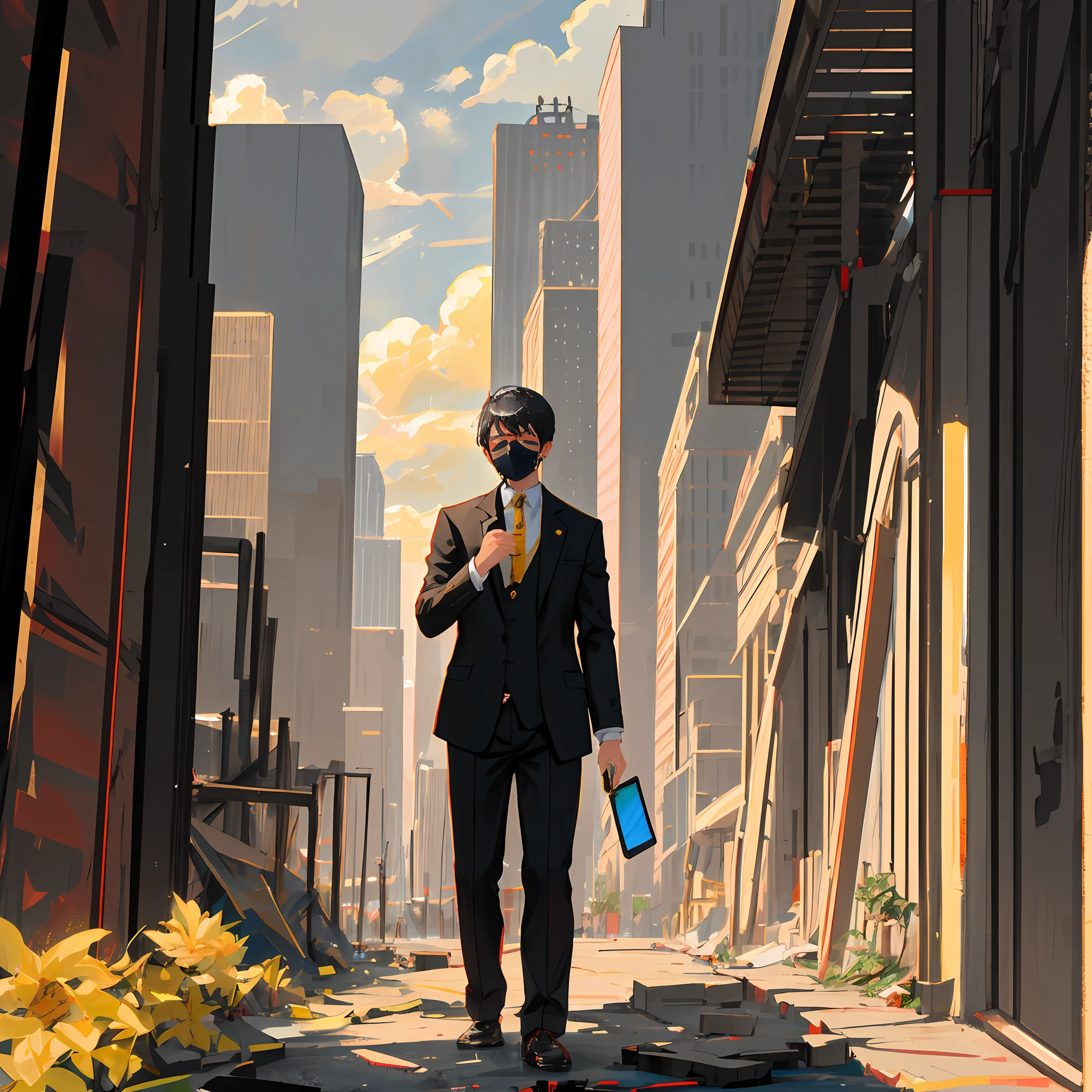 The cloudy，1 boy，Holding a silver gradation cat，black color hair，Black casual suit，black facemask，Holding up your phone，From upstairs down，skyscrapper，Industrial city，complexdetails，Yellow skin，See the side face，Changsha IFS International Financial Center