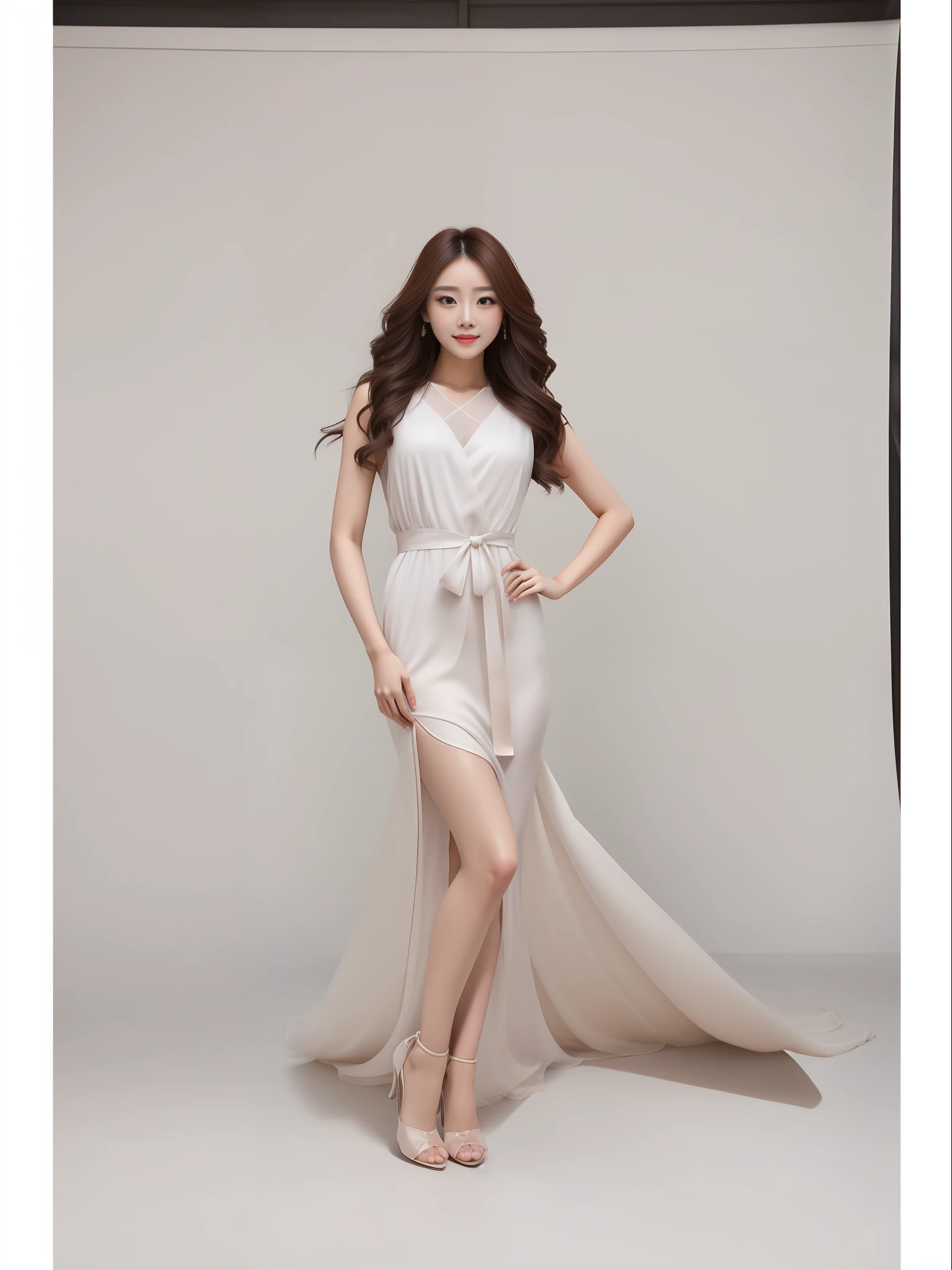 a woman in a white dress posing for a picture, fanbingbing,White skin of the,Fleshy thighs,high-heels, Gorgeous young woman, with a thin waist, Beautiful Chinese woman, wearing long gown, Beautiful young Chinese woman, flowinggown, wearing organza gown, full body cute young lady,full body shot of, Dressed in elegant dresses, robed, Gorgeous ladies bokeh,standing on your feet,ultra - detailed,Soft light and shadow,Hand detail,High detail on the face,(best qualtiy:1.5),pastel colour,tmasterpiece,studio,Hair high detail,((Pure background:1.2)),1girll,(Perfect female body:1.1),bokeh,hyper HD,hyper-detailing,(best qualtiy:1.5),tmasterpiece,Hair high detail,(realisticlying:1.5),(brunette color hair:1.5),