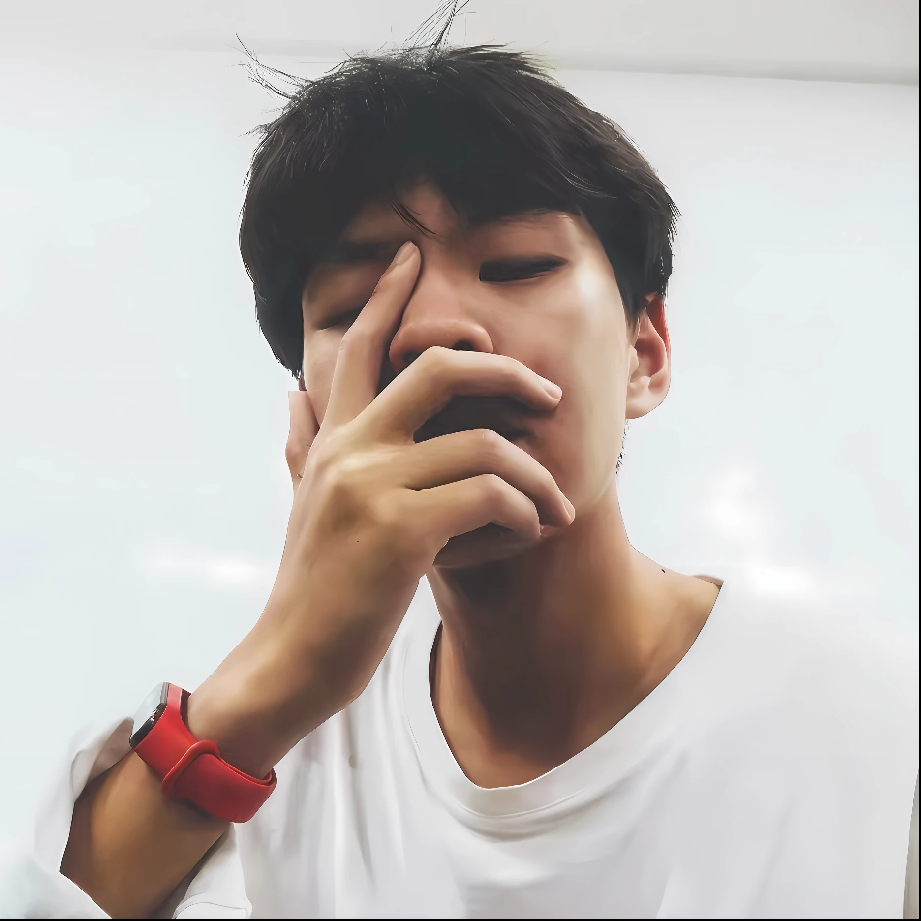 There was a man who was putting his hand on his face, Kim Tae-joon, holding his hands up to his face, giga chad crying, Sleepy expression, hand on his cheek, hyung tae, hand over mouth, Male ulzzang, steven jung, Hand on cheek, Asian male, hong june hyung, Thertrevkaiser, steve zheng