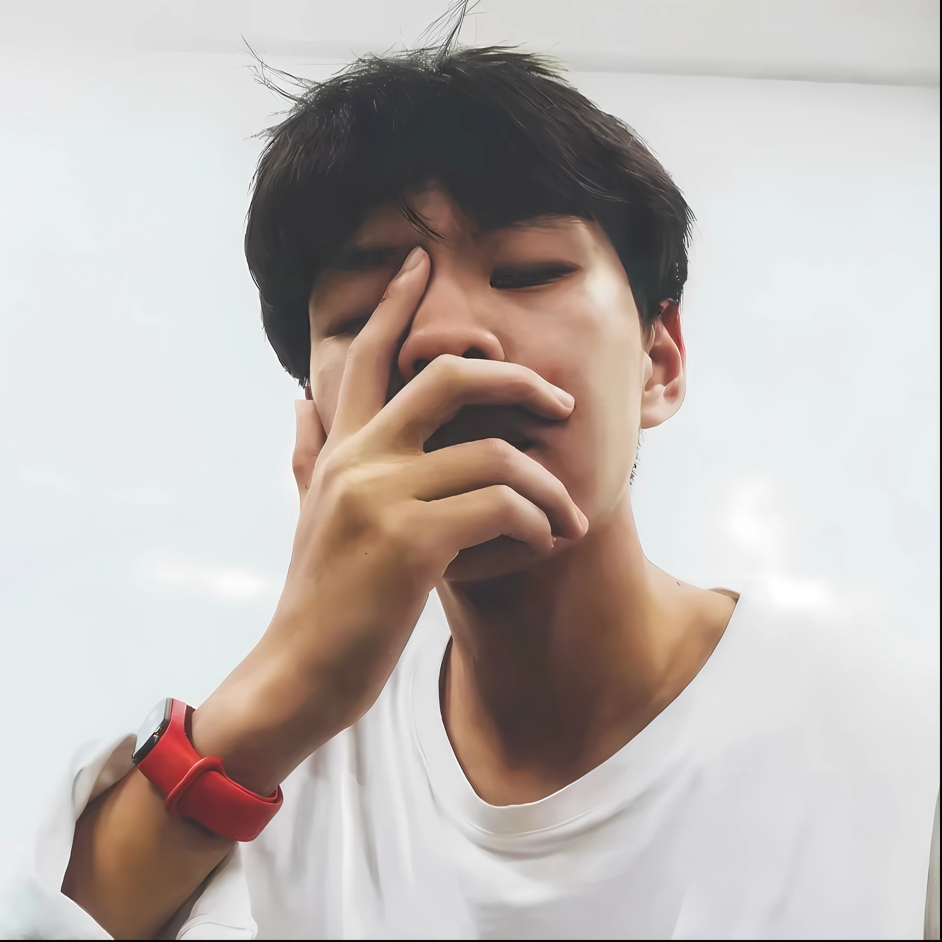 There was a man who was putting his hand on his face, Kim Tae-joon, holding his hands up to his face, giga chad crying, Sleepy expression, hand on his cheek, hyung tae, hand over mouth, Male ulzzang, steven jung, Hand on cheek, Asian male, hong june hyung, Thertrevkaiser, steve zheng