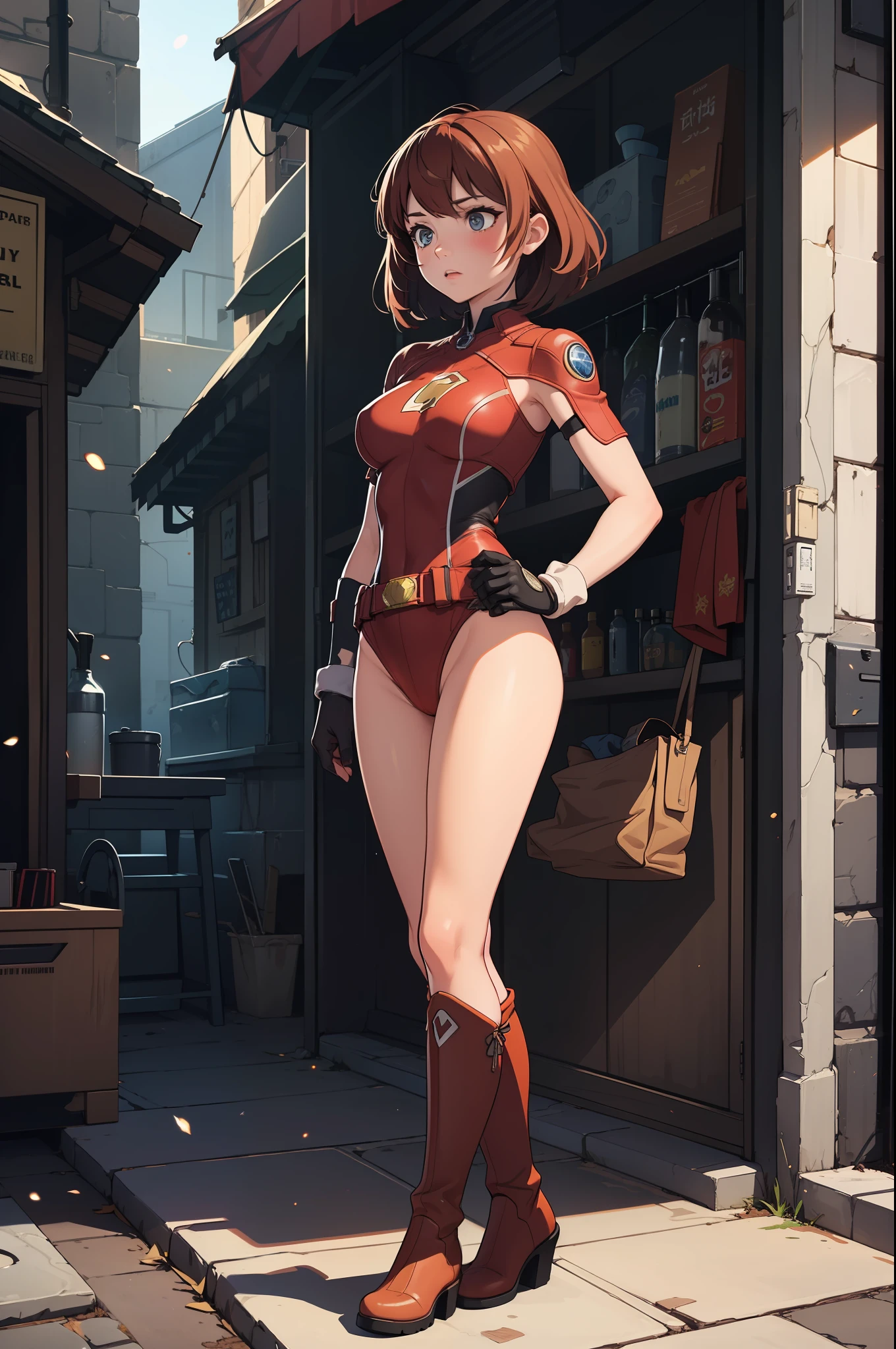 (masterpiece), best quality, highly detailed, detailed background, cinematic lighting, outdoor, 1girl, medium hair, medium breasts, leotard, bare legs, match boots, gloves, hands on hip, light particles, glow, superhero, belt