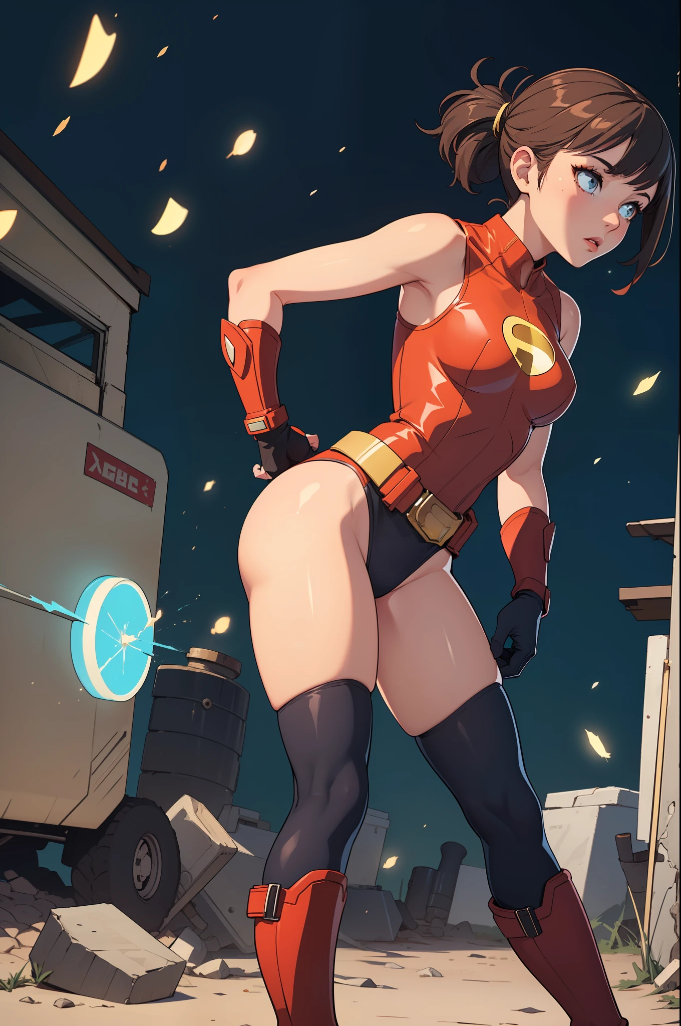 (masterpiece), best quality, highly detailed, detailed background, cinematic lighting, outdoor, 1girl, medium hair, medium breasts, leotard, bare legs, match boots, gloves, hands on hip, light particles, glow, superhero, belt