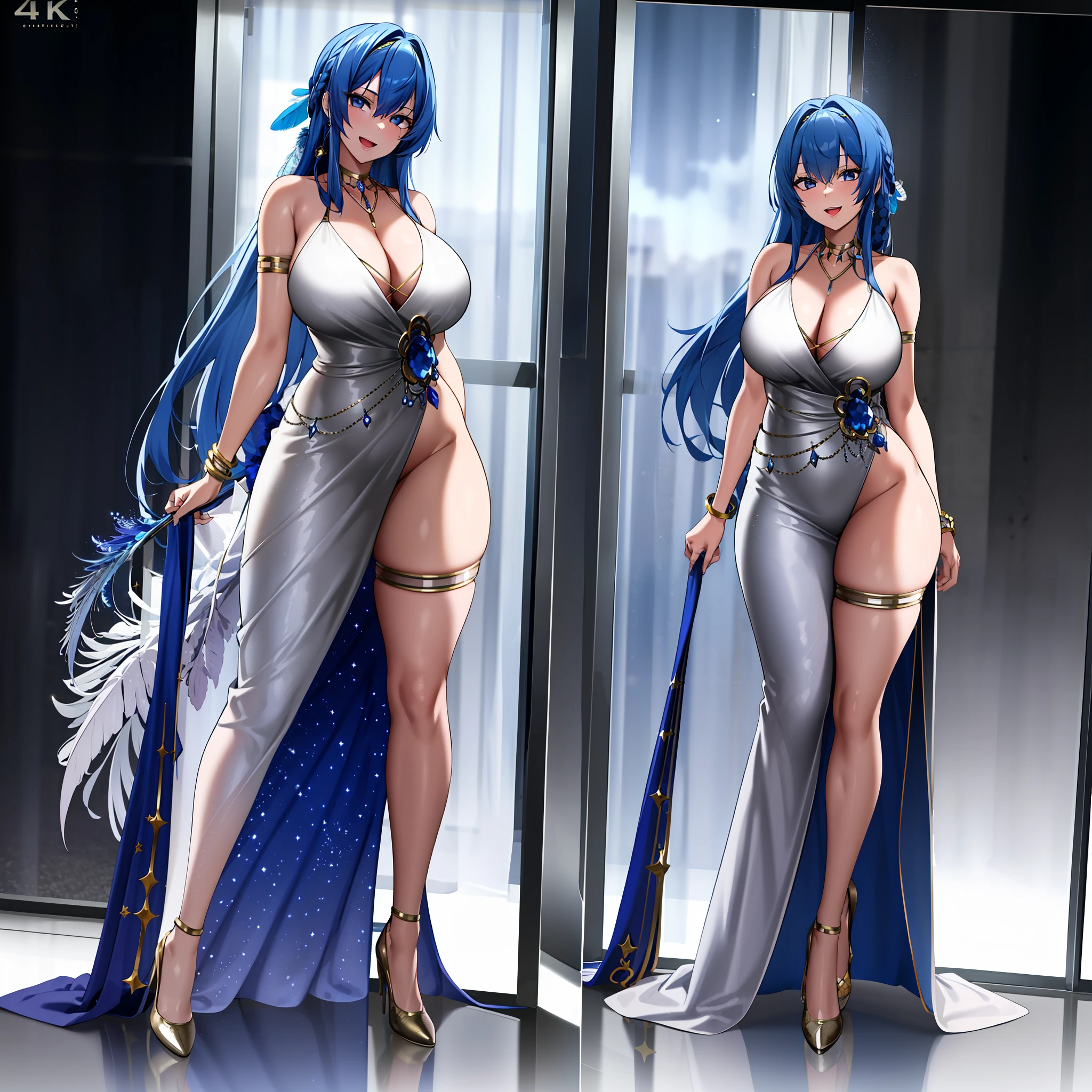 sologirl, (masterpiece), (((best quality))), ((detailed face)), (perfect face), (detailed eyes), (beautiful eyes), award winning, (4k), incredibly absurdres, (absurdres), (highres), (sharp), extremely detailed CG, 8k_wallpaper, ((ultra-detailed))), (illustration), CG, wallpaper, ((HDR)), ((high quality)), ((high-definition)), (((extremely detailed))), (full body), very long hair, blue hair, bangs, braids, blue eyes, large breasts, wide hips, thighs, feather hair ornament, white dress, evening dress, shawl, thigh, necklace, jewellery, gold trim, bracelets, armlet, thigh strap, strappy heels, standing, head tilt, open mouth, smile, window