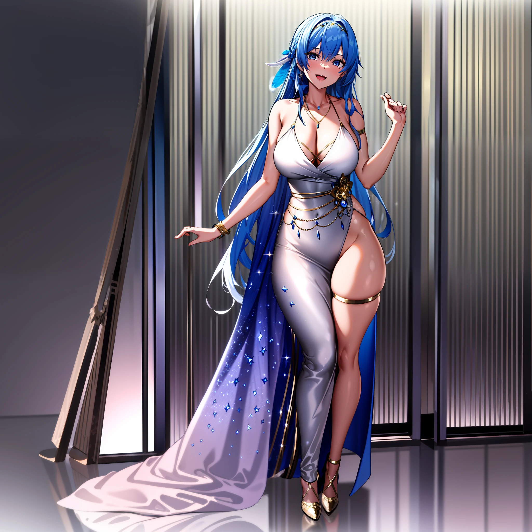 sologirl, (masterpiece), (((best quality))), ((detailed face)), (perfect face), (detailed eyes), (beautiful eyes), award winning, (4k), incredibly absurdres, (absurdres), (highres), (sharp), extremely detailed CG, 8k_wallpaper, ((ultra-detailed))), (illustration), CG, wallpaper, ((HDR)), ((high quality)), ((high-definition)), (((extremely detailed))), (full body), very long hair, blue hair, bangs, braids, blue eyes, large breasts, wide hips, thighs, feather hair ornament, white dress, evening dress, shawl, thigh, necklace, jewellery, gold trim, bracelets, armlet, thigh strap, strappy heels, standing, head tilt, open mouth, smile, window