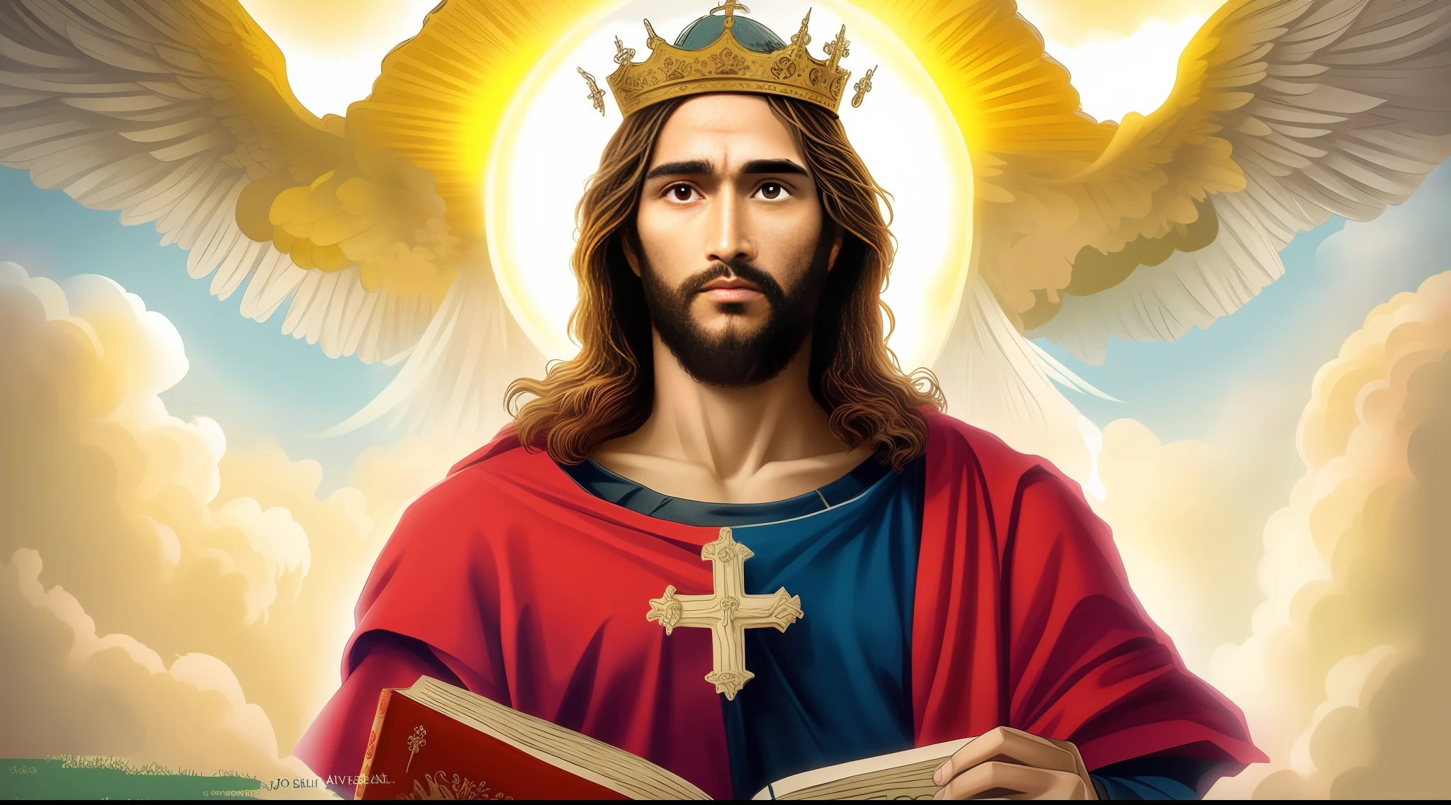 imagem de um homem com uma coroa e um livro, Jesus Cristo, Rei dos Reis, Jovem Deus Todo-Poderoso, Retrato de Jesus Cristo, imagens sagradas, O Senhor e Salvador, imagem do avatar, bible illustration, arte conceitual de deus, Jesus, Retrato de um Deus Celestial, sentou-se em seu trono, deus divino, Vestido como Jesus Cristo