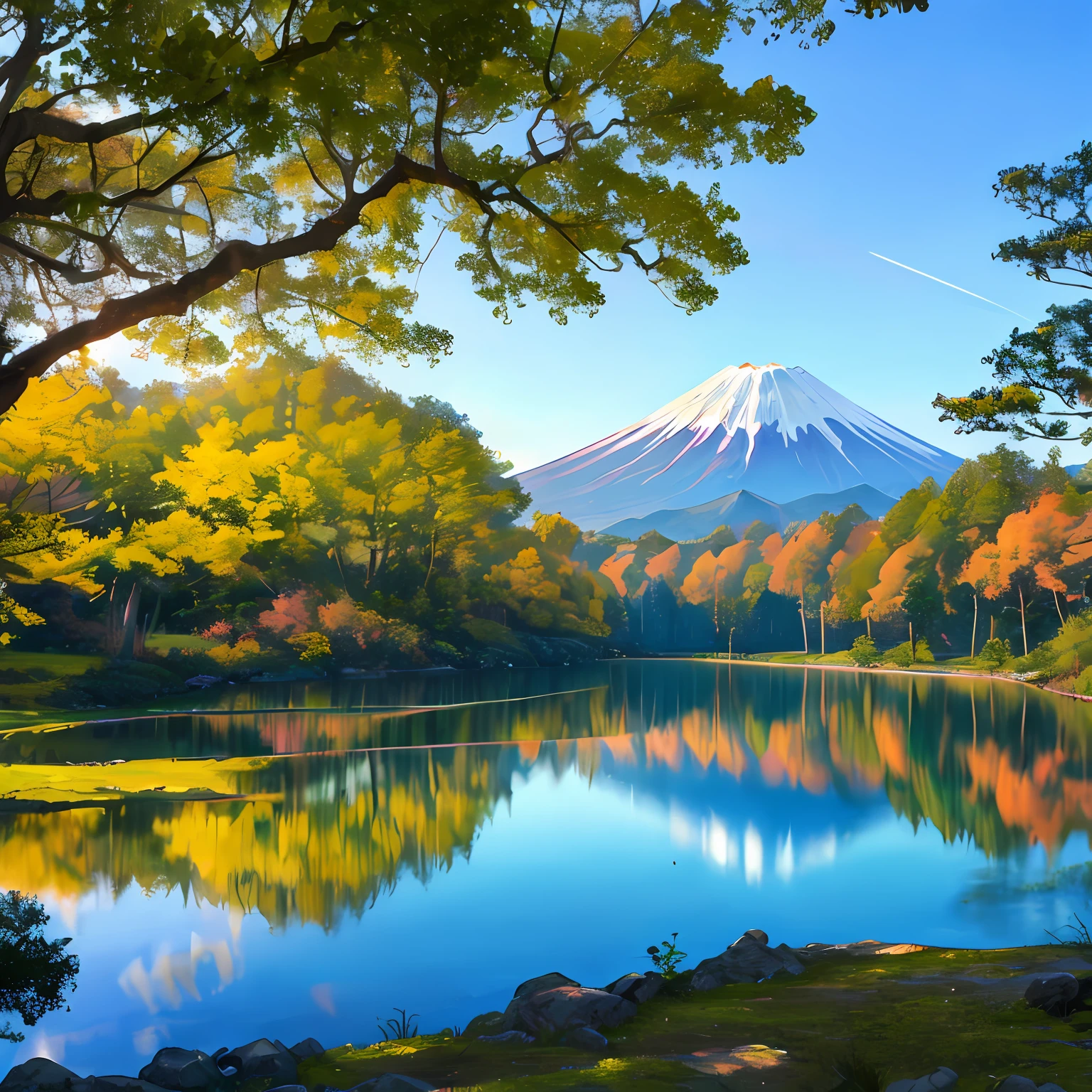 monte fuji super detalhado ao fundo de um lago realista, com aguas razas e claras, arvores ao redor do lago com folhas secas, dia muito ensolarado, com sol ao lado do monte fuji --auto