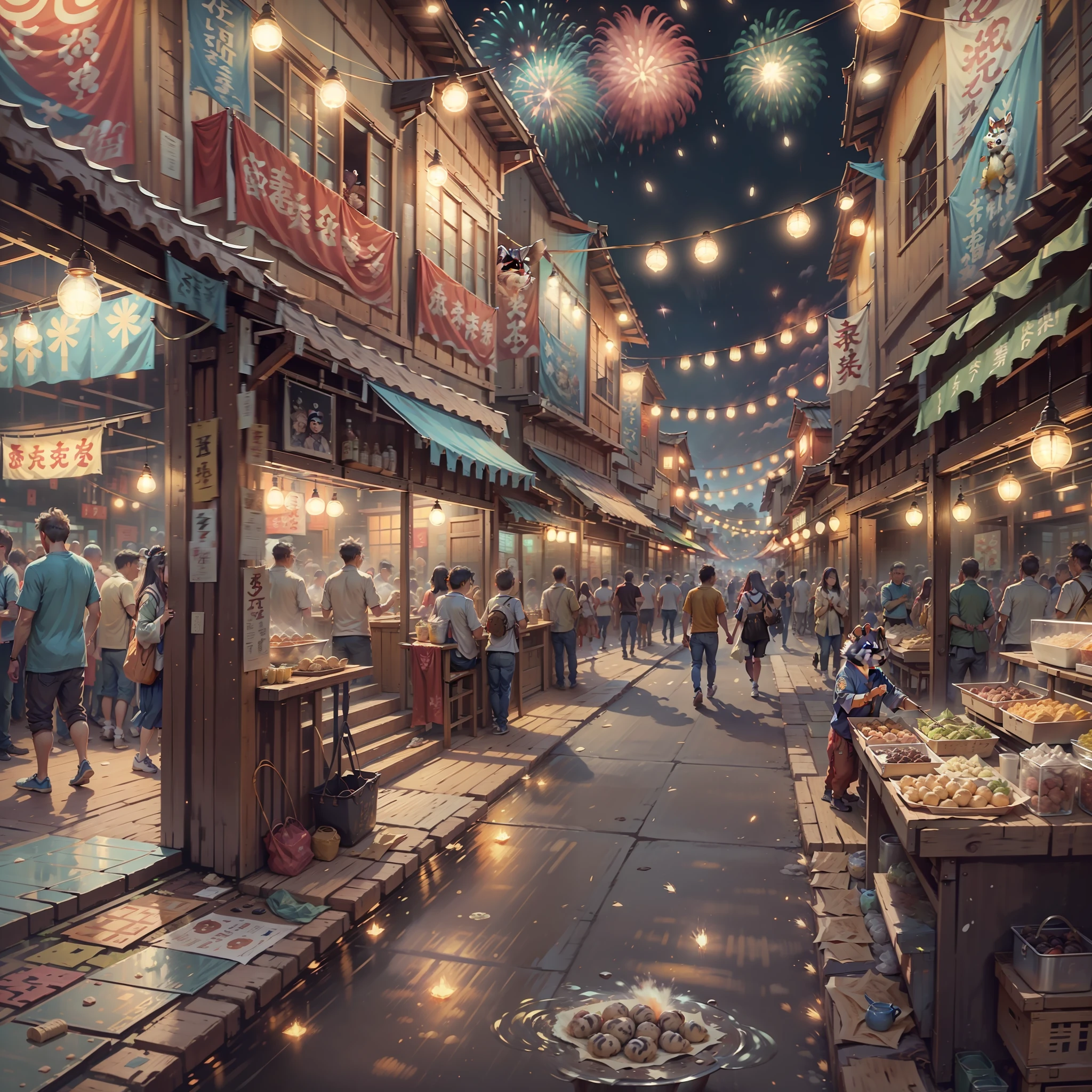 Tanuki's parents and children come to the summer festival and have fun. There are fireworks in the sky, muitas barracas de comida ao fundo, And it's crowded with a lot of people coming and going,uma pracinha bem no meio