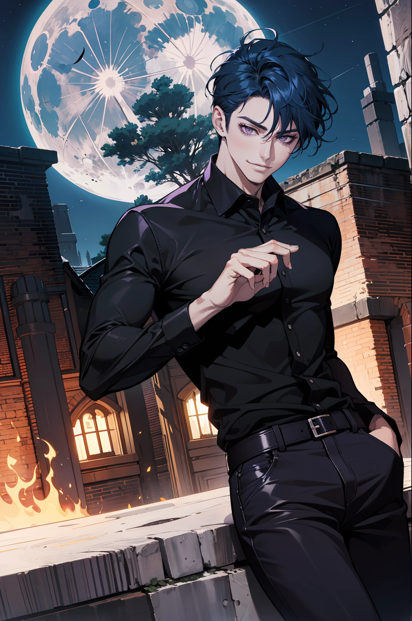 (absurdres, highres, ultra detailed), 1man, 30 years old man, adult man, handsome, tall, finely detailed eyes and detailed face, leather pants, (((black shirt))), night, smile, dutch angle, ((short hair, blue hair)), moon, silver details, gothic, incubus, prince, dark, simple clothes, looking at the view, pale skin, purple detailed eyes, (masculine), sexy, elegant, (((long bangs))), detailed hands, (((purple eyes))), bad boy, (muscles), smirk, horns,