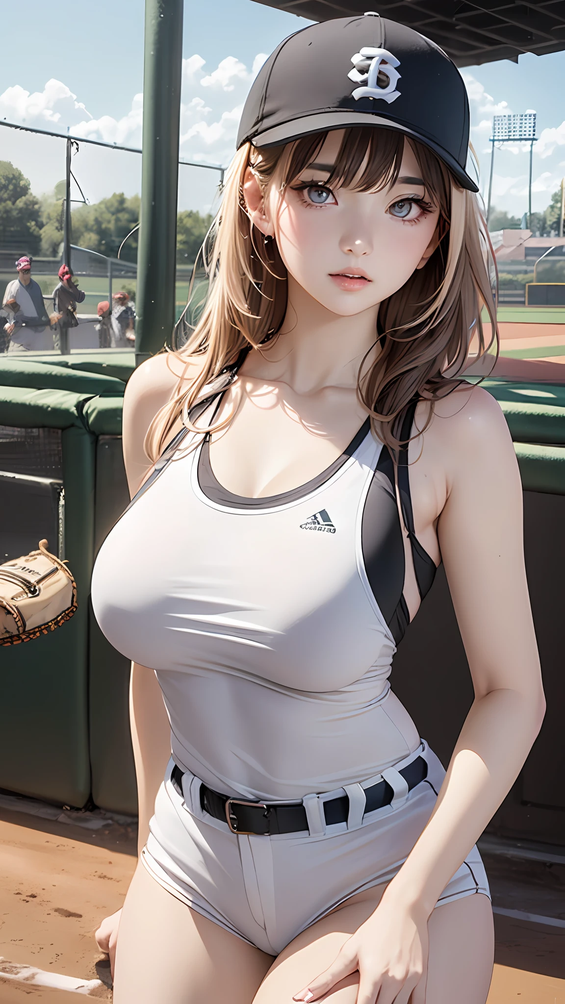 (Masterpiece, BestQuality:1.3), (ultra detailed 8k cg:1.2), (hyperrealistic:1.35), (Photorealistic:1.45), (realistic:1.4),(on a baseball fields :1.3) ,wearing a baseball hat and sexy tank top baseball outfits, 1 beautiful Japanese girl, 22 years old, supermodel, gorgeous, Japanese Idol, __expression__, (Large curvy Breasts), { topfloor background },reflection light,medium shot