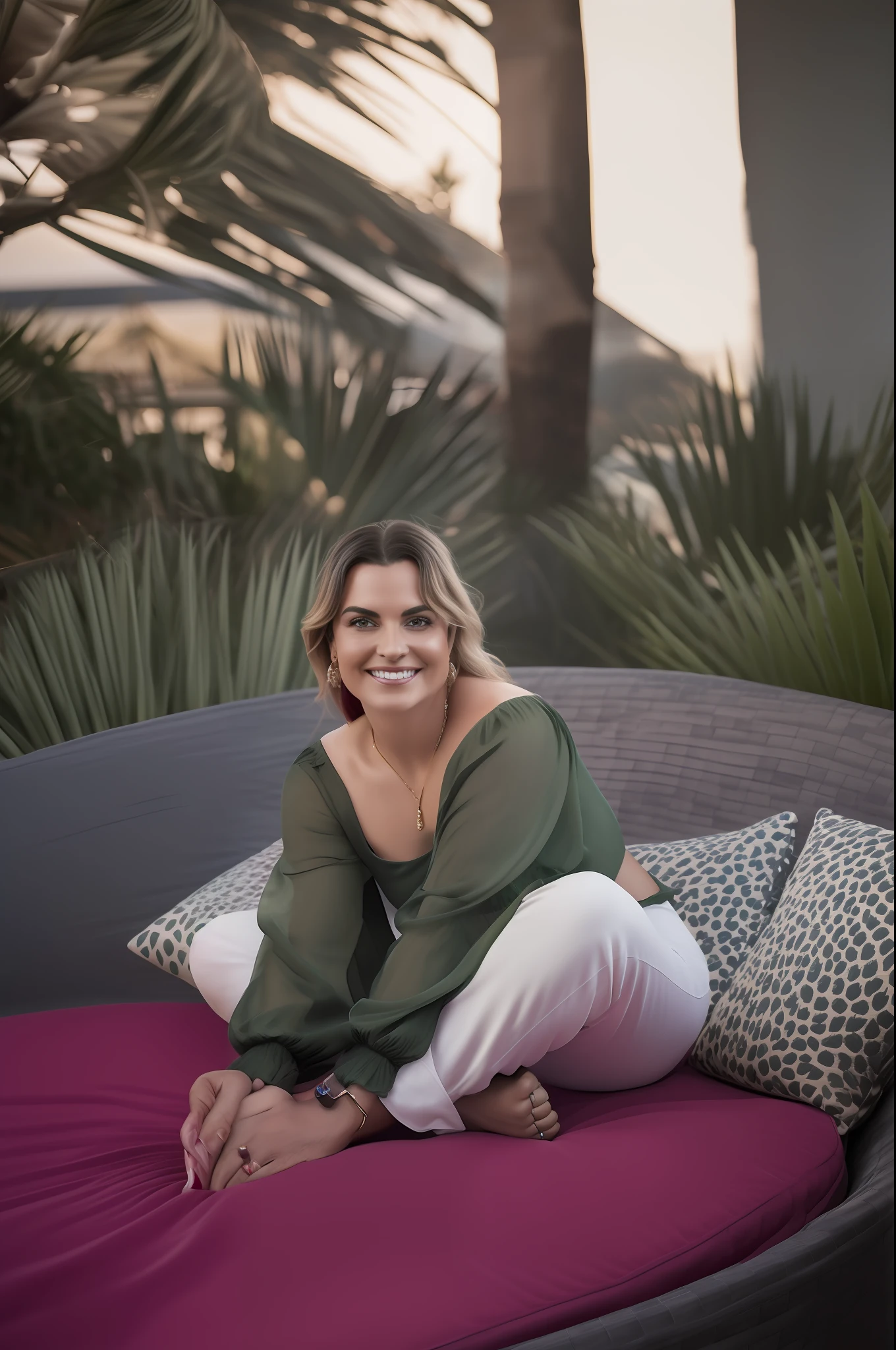 Woman sitting on a sofa with a pink cushion and a palm tree, Malika Favre, imagem retrato, Retrato Sabrina Lloyd, Caroline Gariba, imagem de perfil, fernanda suarez, Carola Rubio, imagem retrato, photo taken at night, relaxing and smiling at camera, foto retrato, Sandra Chevier, Olivia de Bernardinis, inspired by Eva Gonzalès