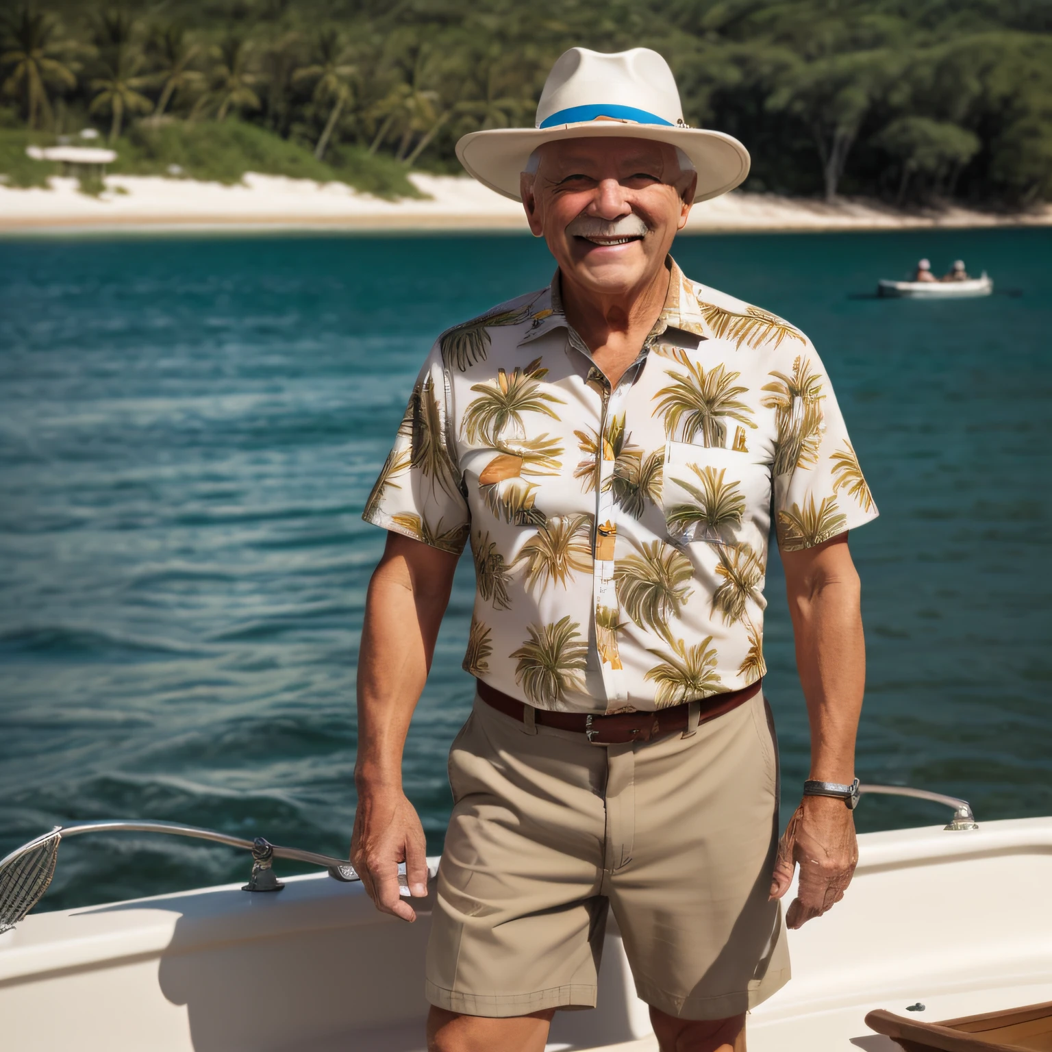 old man portrait, standing, hat, full body visible, boat setting, ocean, realistic, shorts, short sleeve shirt, tropical pattern on shirt, smiling, boat shoes, holding fish