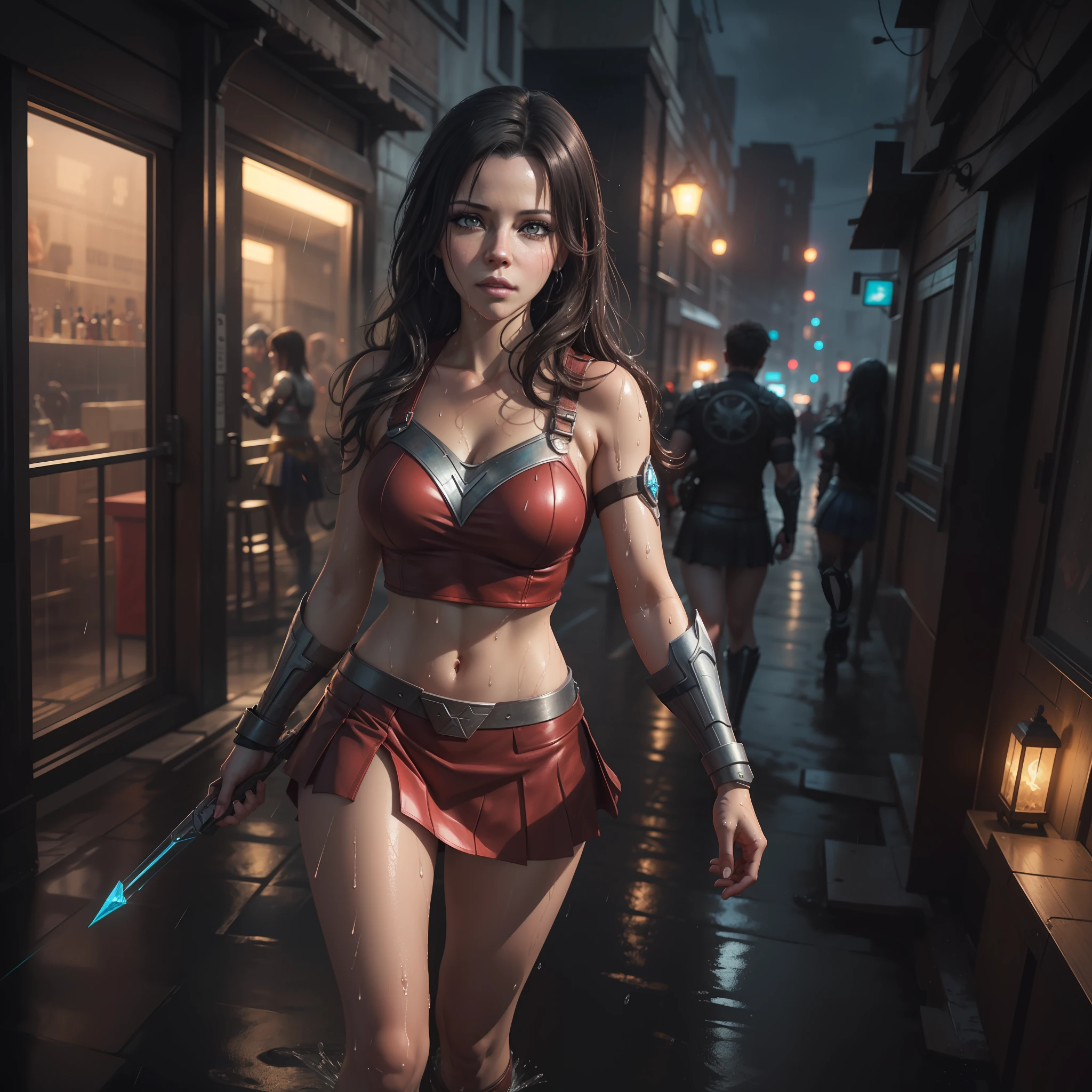 Photo-realistic,Realistic illustration in Manga style,((Masterpiece)),((Best quality)),((Ultra-detailed)),((1girl)),((solo)),((Waifu:1.5)),Perfect Anatomy,Cute_face,Waifu Kate beckinsale as Tifa Lockhart final fantasy 7 remake,in cosplay of Wonderwoman and ironman Mark-85,Angel golden Armor with crystal wings,wet clothes,Miniskirt,black socks,light-Red_eyes,wavy hair,eyeliner,cute Makeup,((Perfect detailed eyes)),cyberpunk city,rain outside,nighttime,((Extremely CG unity 8k wallpaper)),intricate details,extremely beautiful and aesthetic,Octane rendering,full body portrait,wet skin,((perfect detailed body)),
