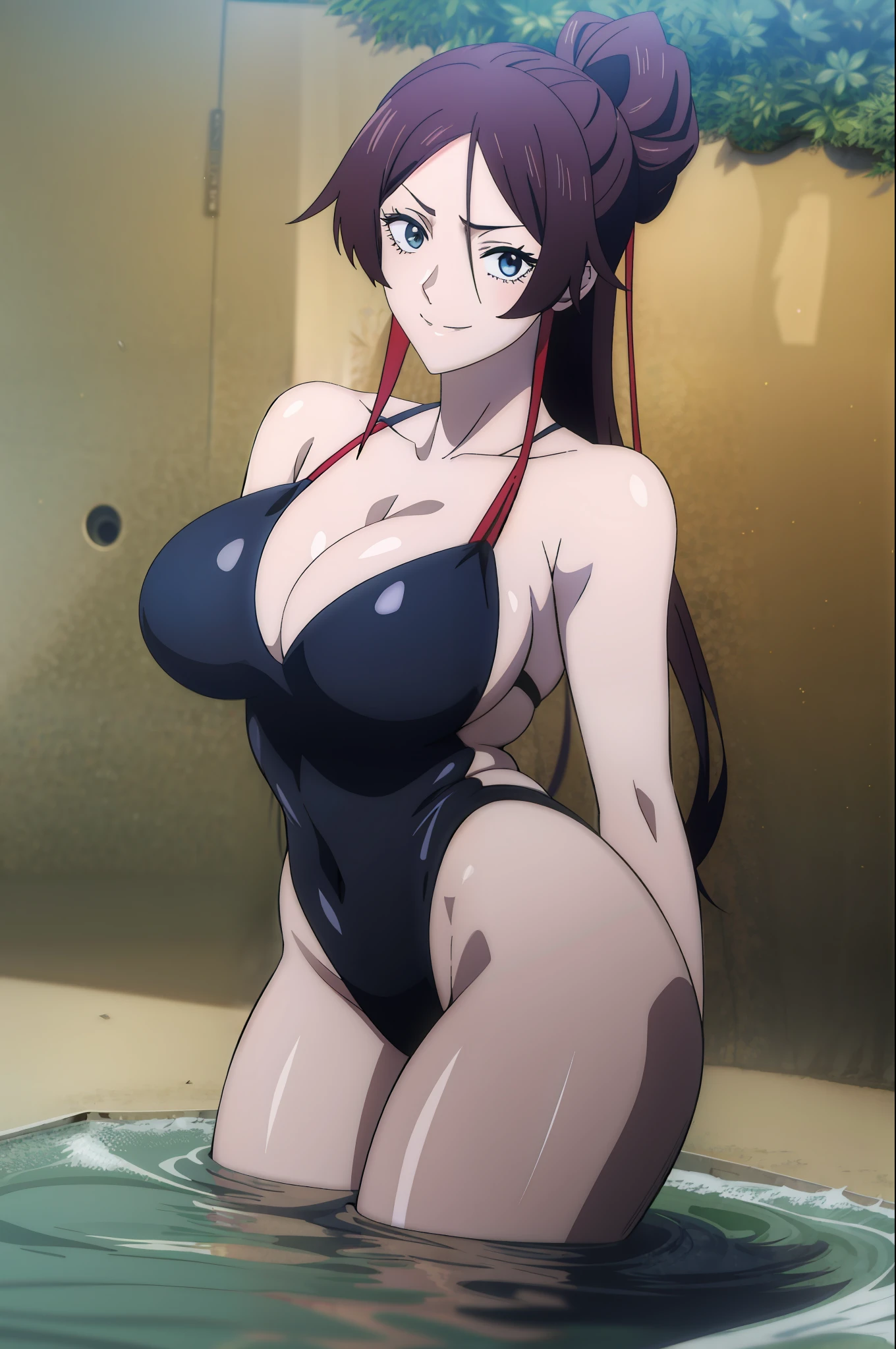 1girl, detalhada, black swimsuit,cabelo rosa,sensual,peitos grandes,bunda grande ,olhando para o espectador,estilo,anime,fundo de praia,(Sagiri Yamada Asaemon),jigokuraku ,anime, corpo inteiro, olhando para o espectador, sorriso,