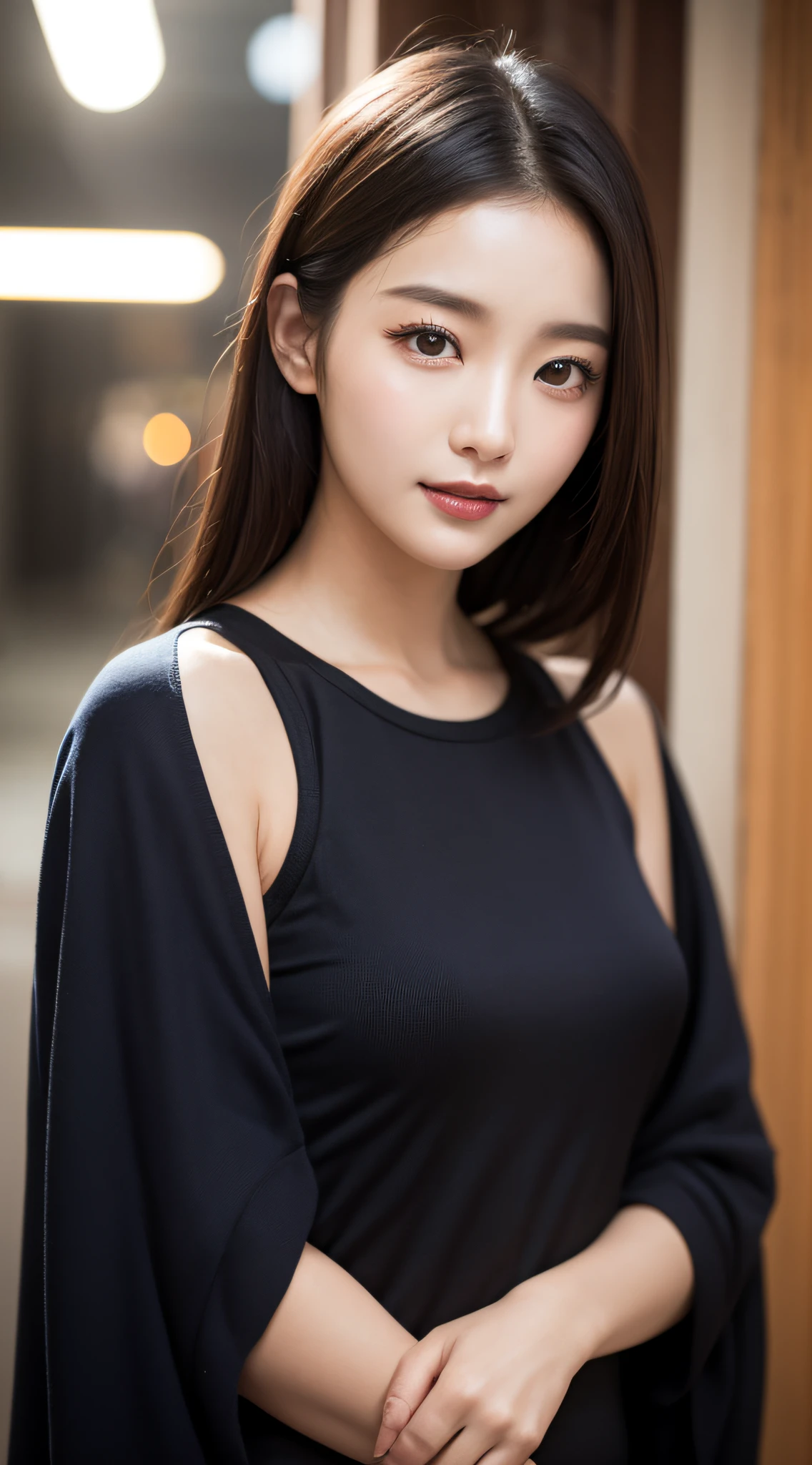 ((best qualtiy、8k masterpieces:1.3))、foco nítido:1.2、(ultra beautiful faces:1.0)、(Slender Abs Beauty:1.0)、(shinny skin:1.0)、photograph realistic、A dark-haired、Video Lighting、High-definition eyes and face、Video Lighting、(cowboy shot:1.3)、swim wears、(Korean Cute Actress)、from the front side、medium large breasts、A slight smile、Sleeveless